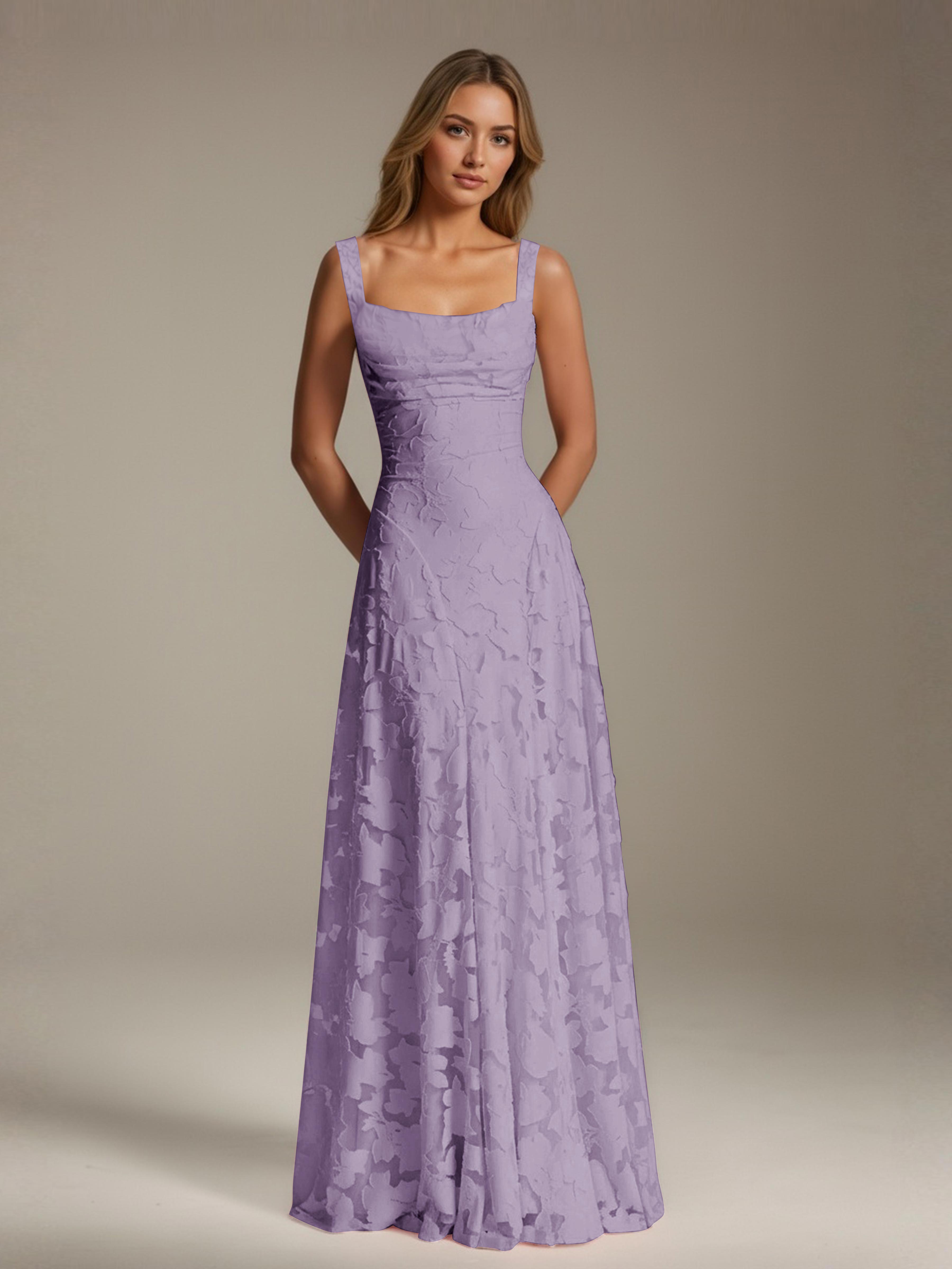 Floral Lace Bridesmaid Dress – A-Line Square Neck Sleeveless Floor-Length Evening Dress