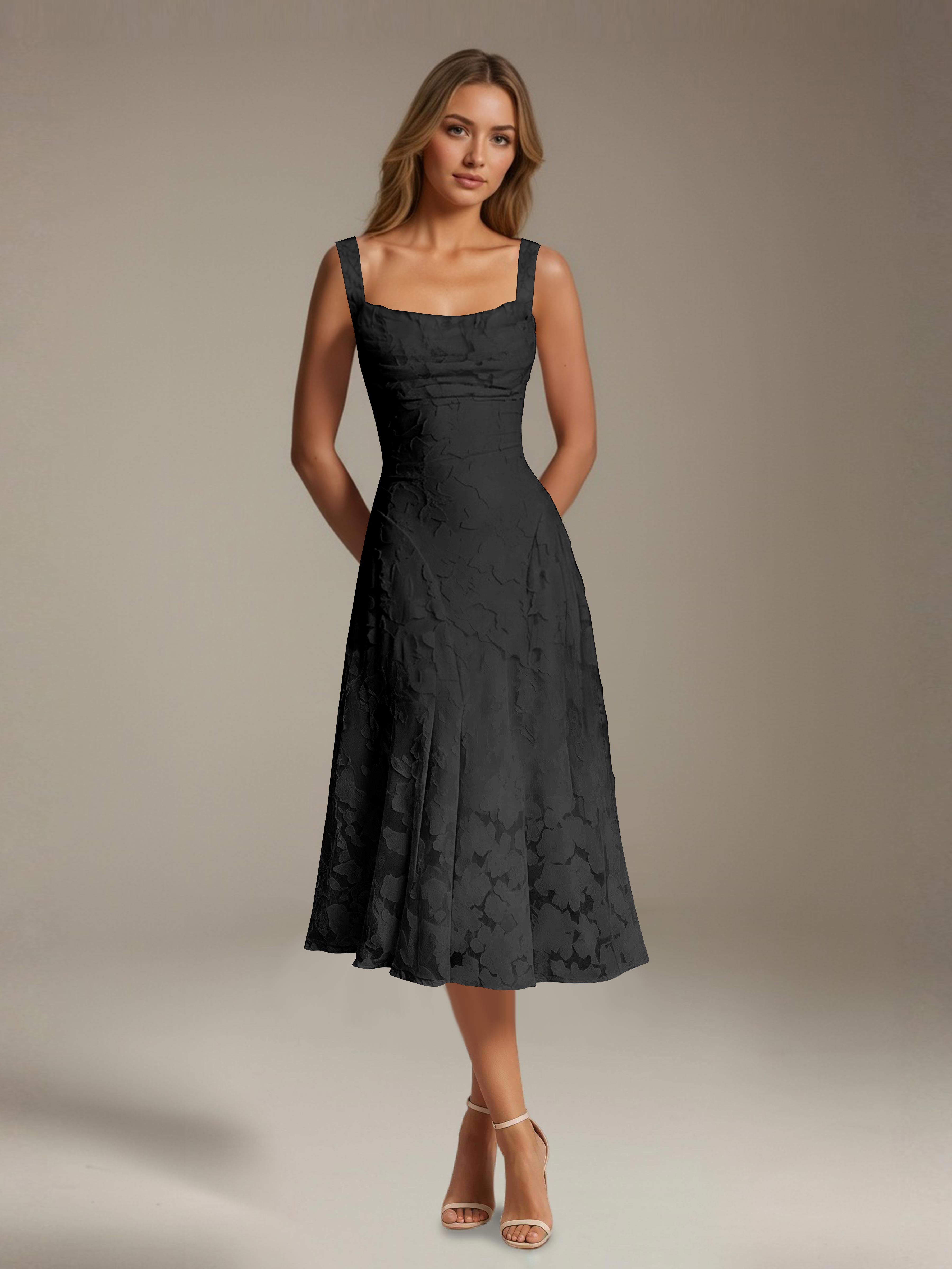 Floral Tea-Length Lace Dress – A-Line Square Neck Sleeveless Formal Wedding Guest Dress