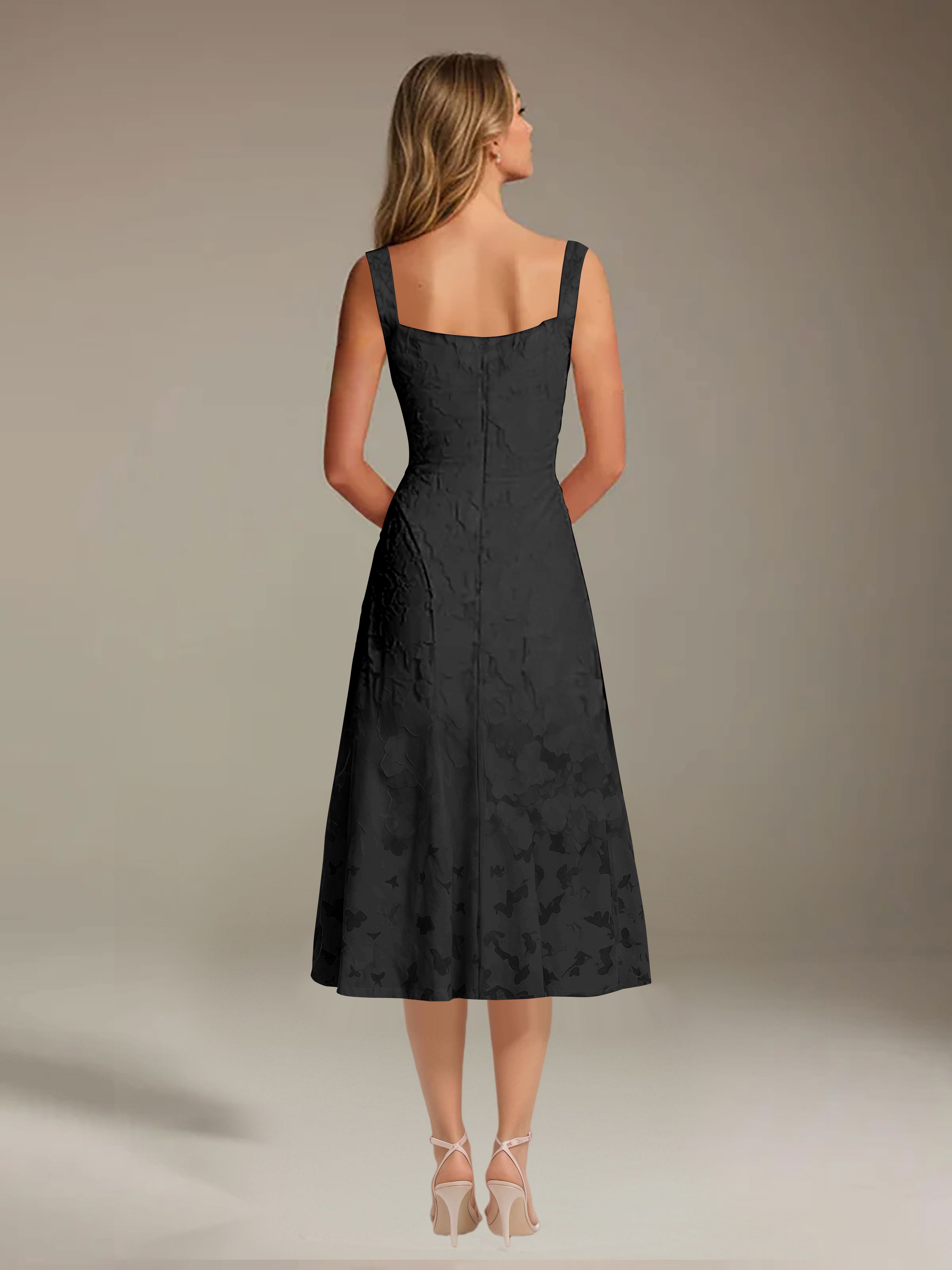Floral Tea-Length Lace Dress – A-Line Square Neck Sleeveless Formal Wedding Guest Dress