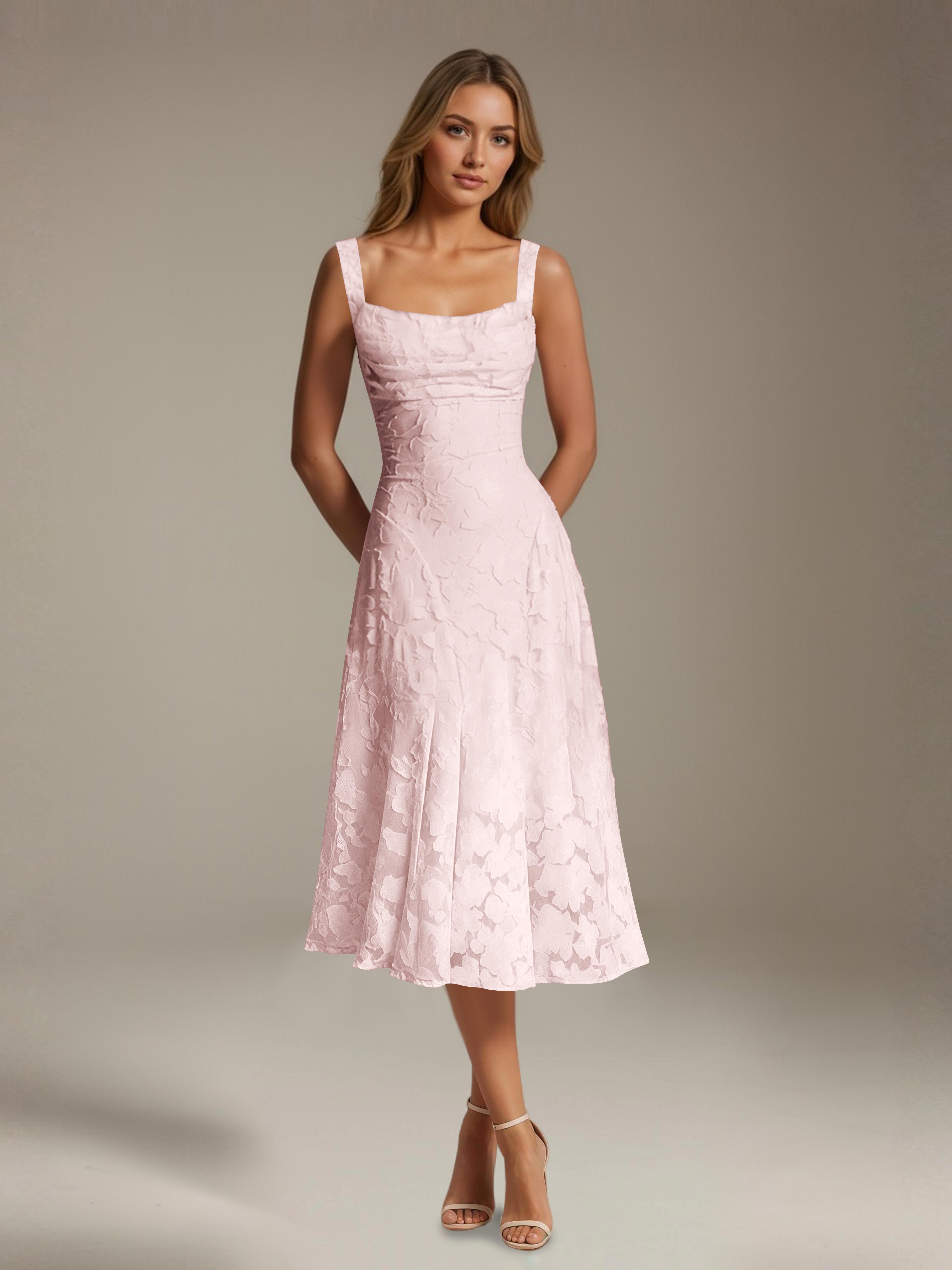 Floral Tea-Length Lace Dress – A-Line Square Neck Sleeveless Formal Wedding Guest Dress