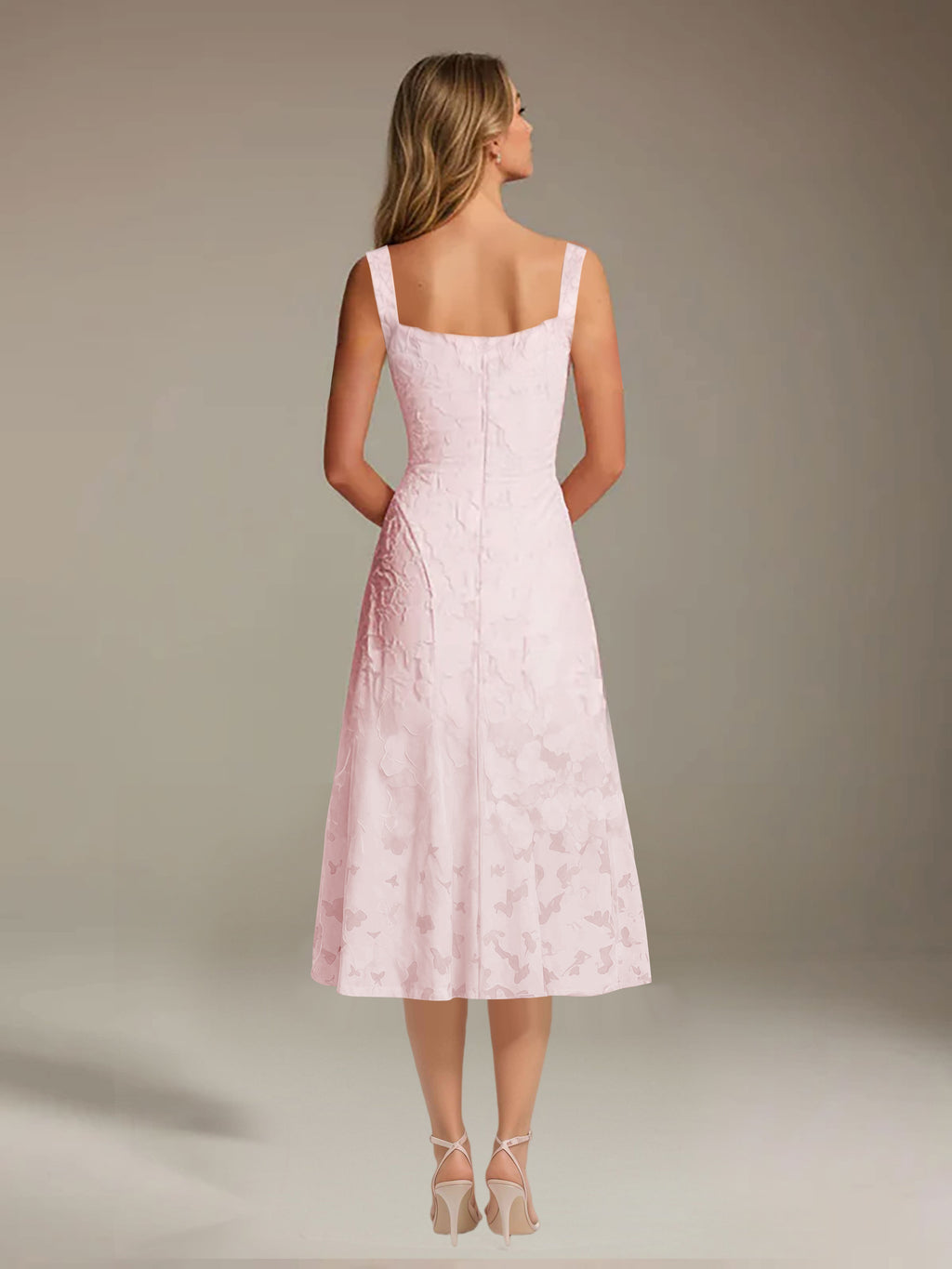 Floral Tea-Length Lace Dress – A-Line Square Neck Sleeveless Formal Wedding Guest Dress