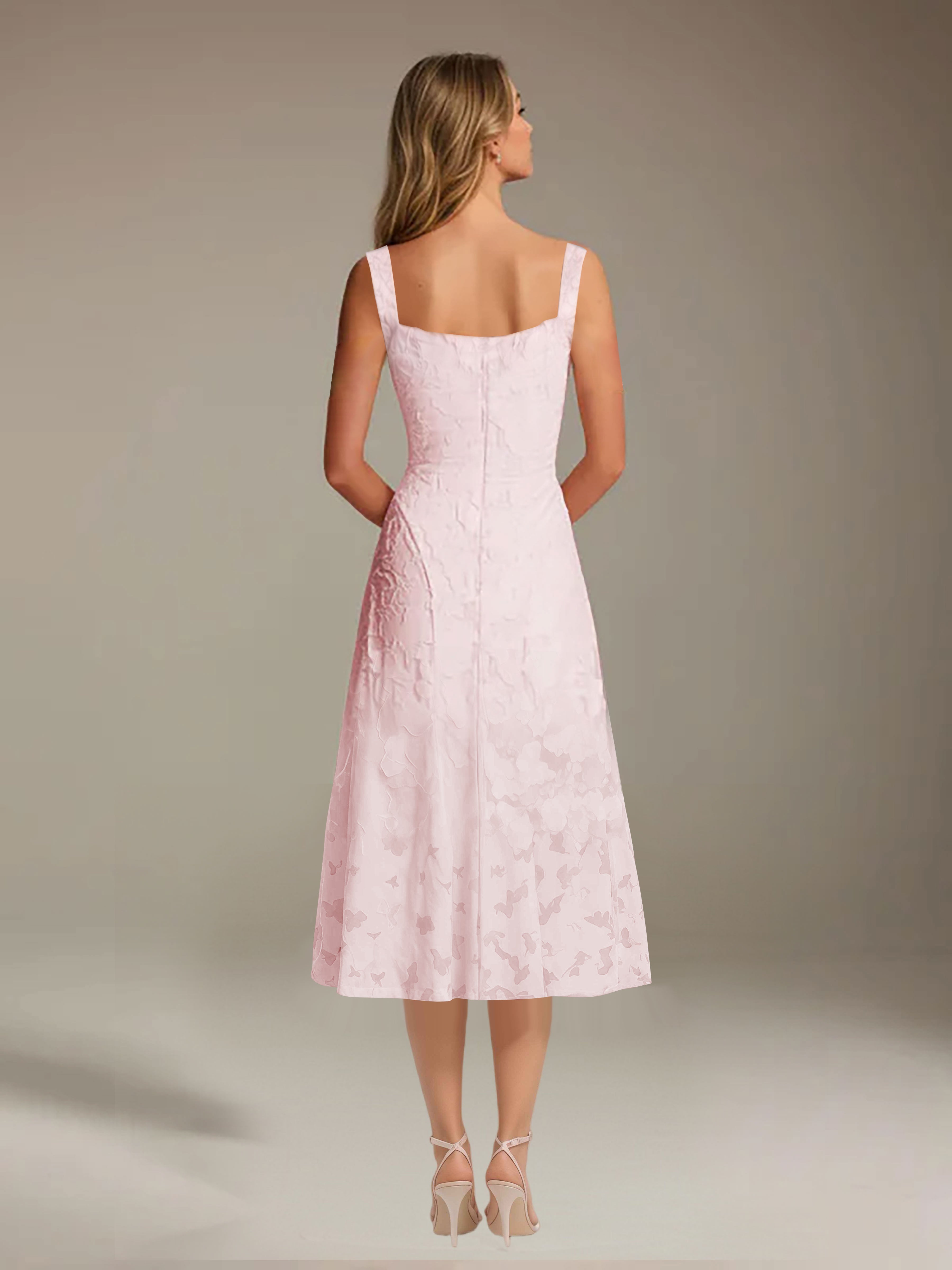 Floral Tea-Length Lace Dress – A-Line Square Neck Sleeveless Formal Wedding Guest Dress