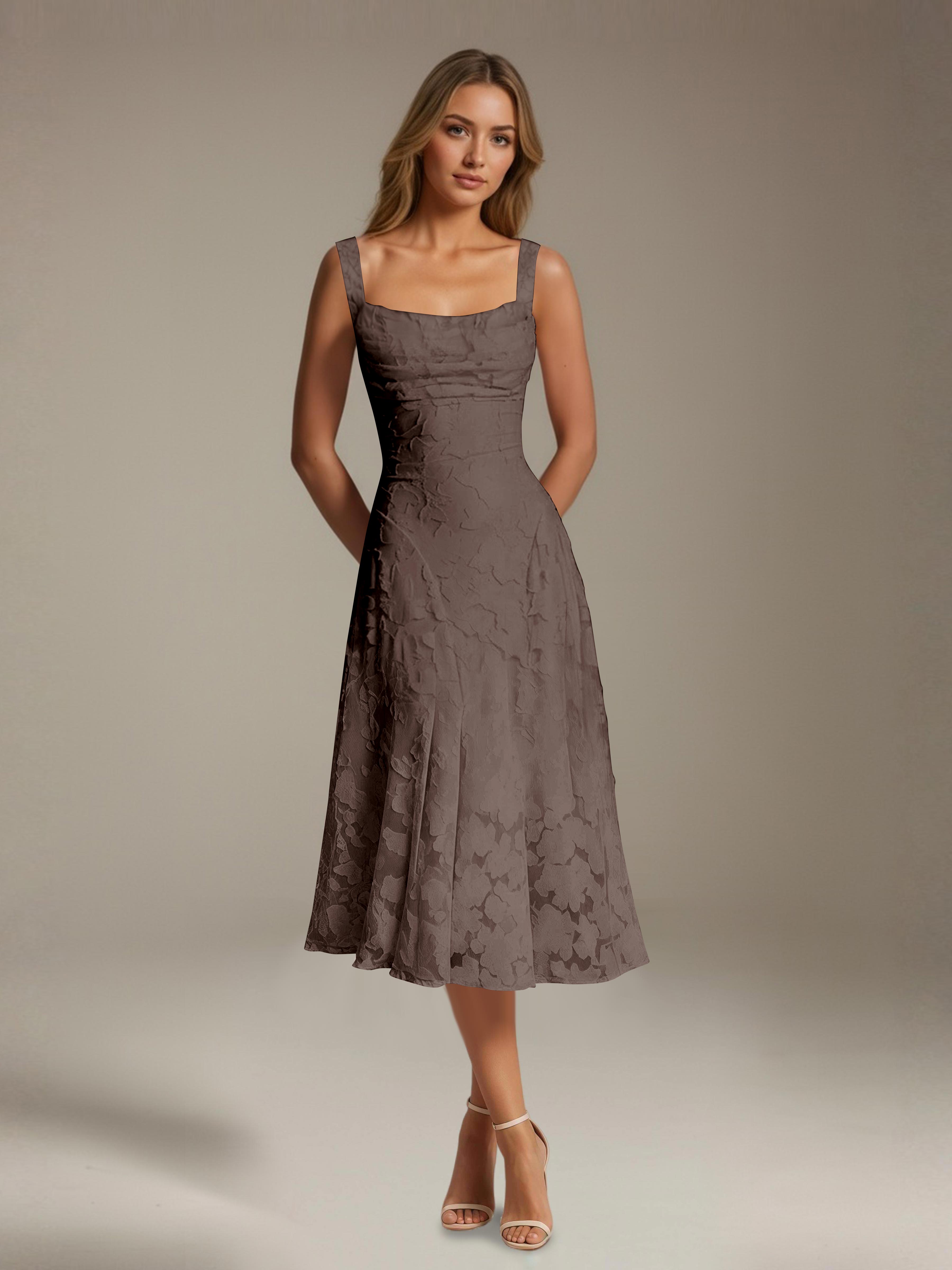 Floral Tea-Length Lace Dress – A-Line Square Neck Sleeveless Formal Wedding Guest Dress