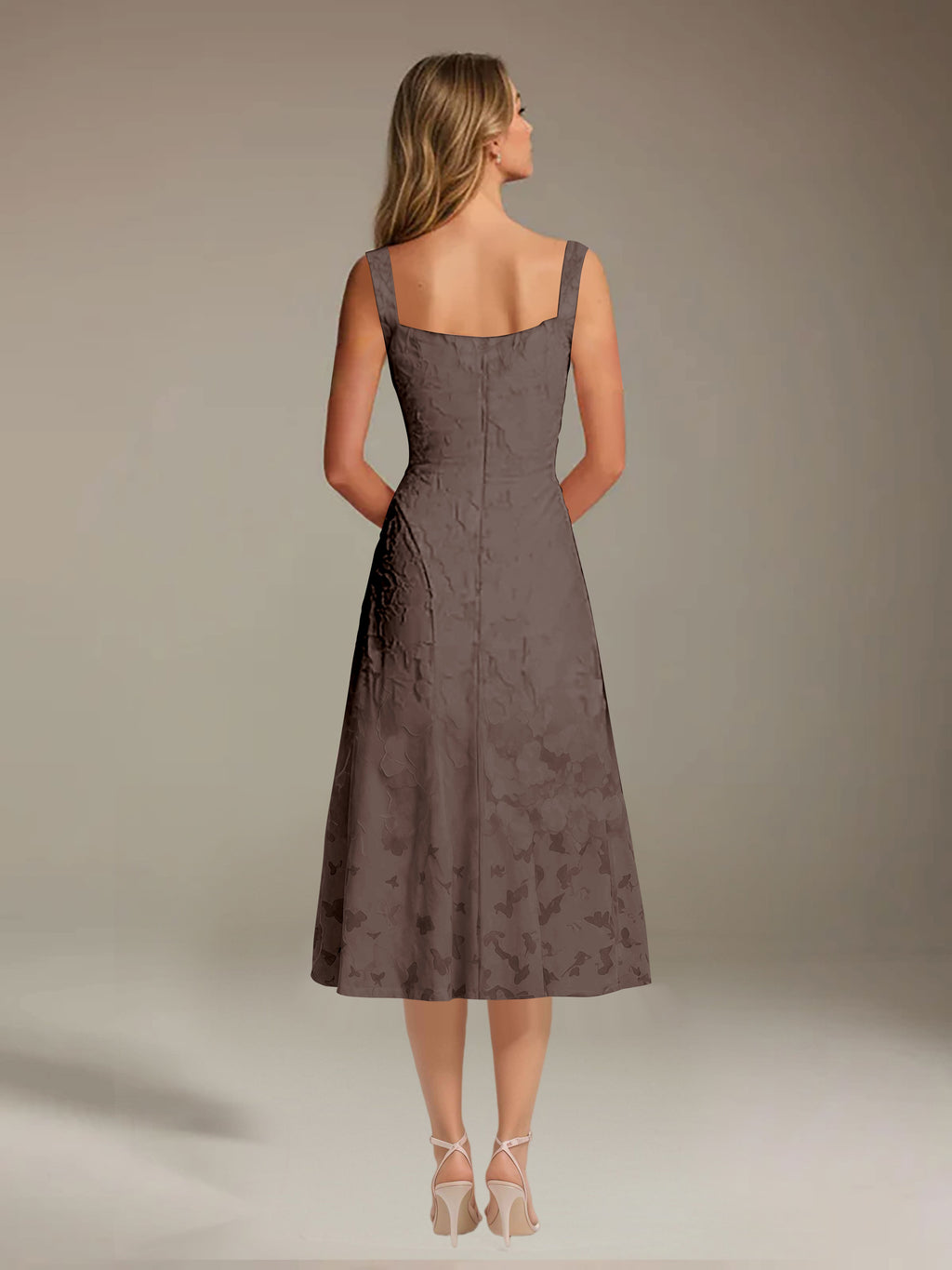 Floral Tea-Length Lace Dress – A-Line Square Neck Sleeveless Formal Wedding Guest Dress