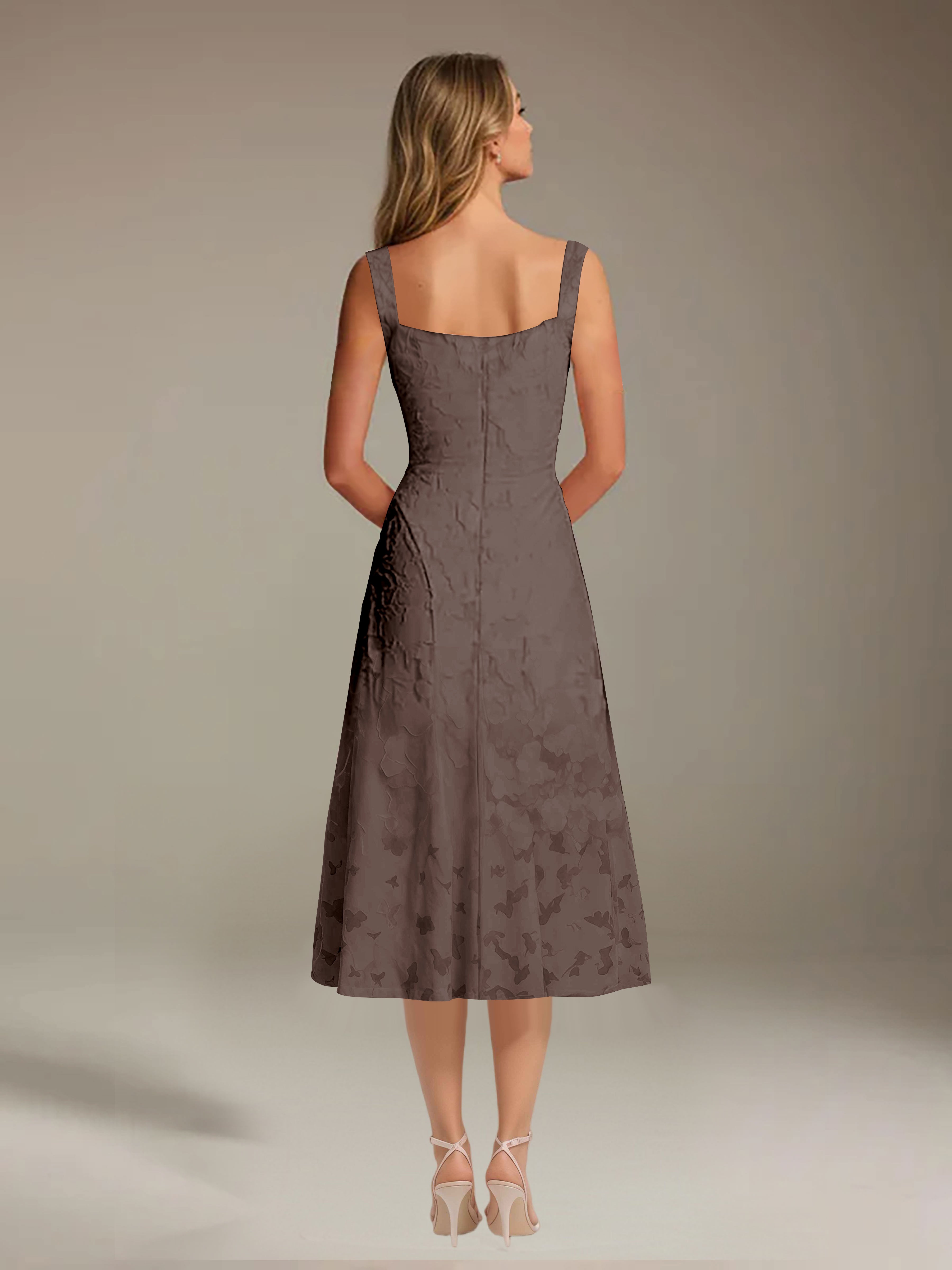 Floral Tea-Length Lace Dress – A-Line Square Neck Sleeveless Formal Wedding Guest Dress
