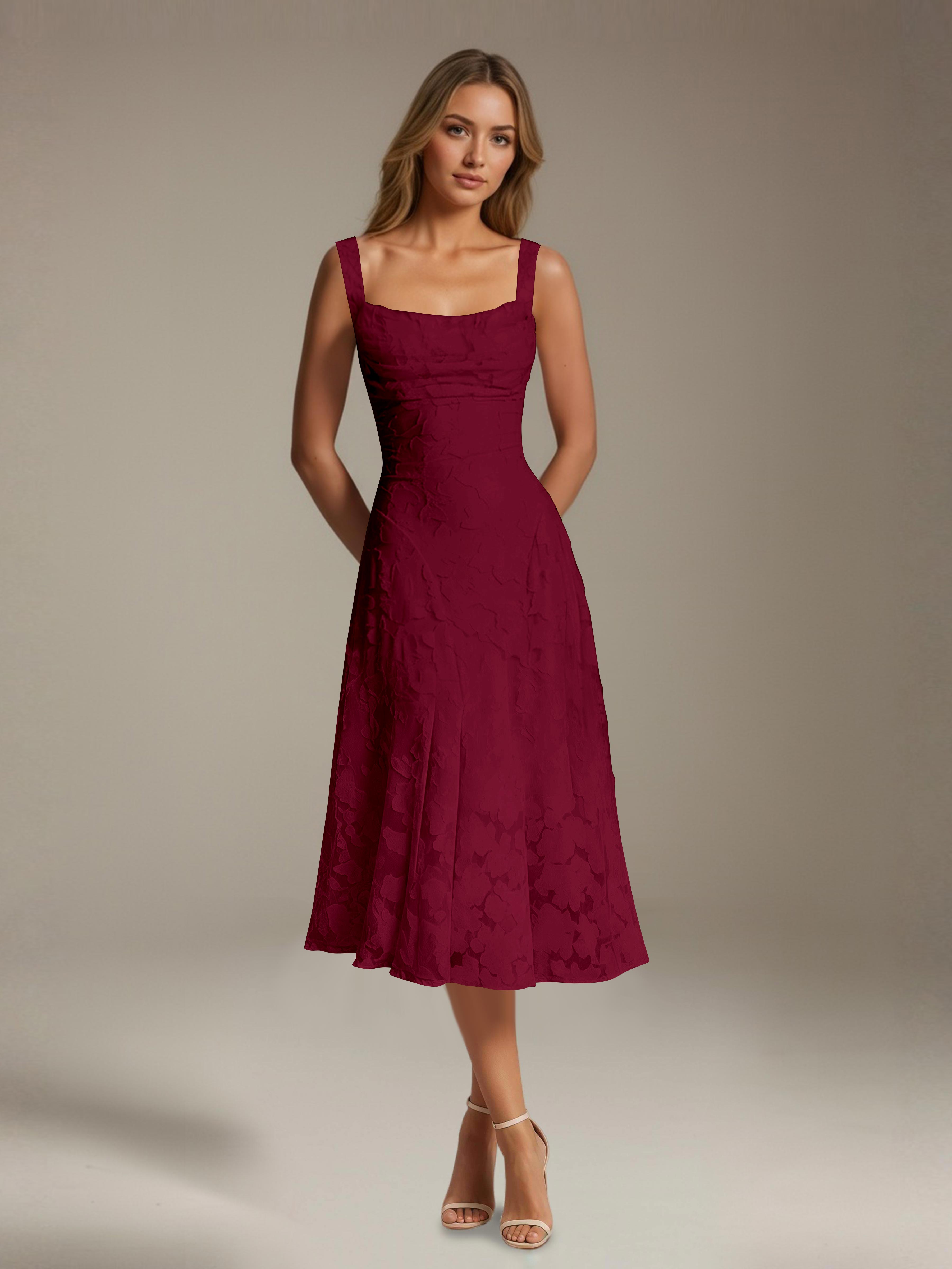Floral Tea-Length Lace Dress – A-Line Square Neck Sleeveless Formal Wedding Guest Dress