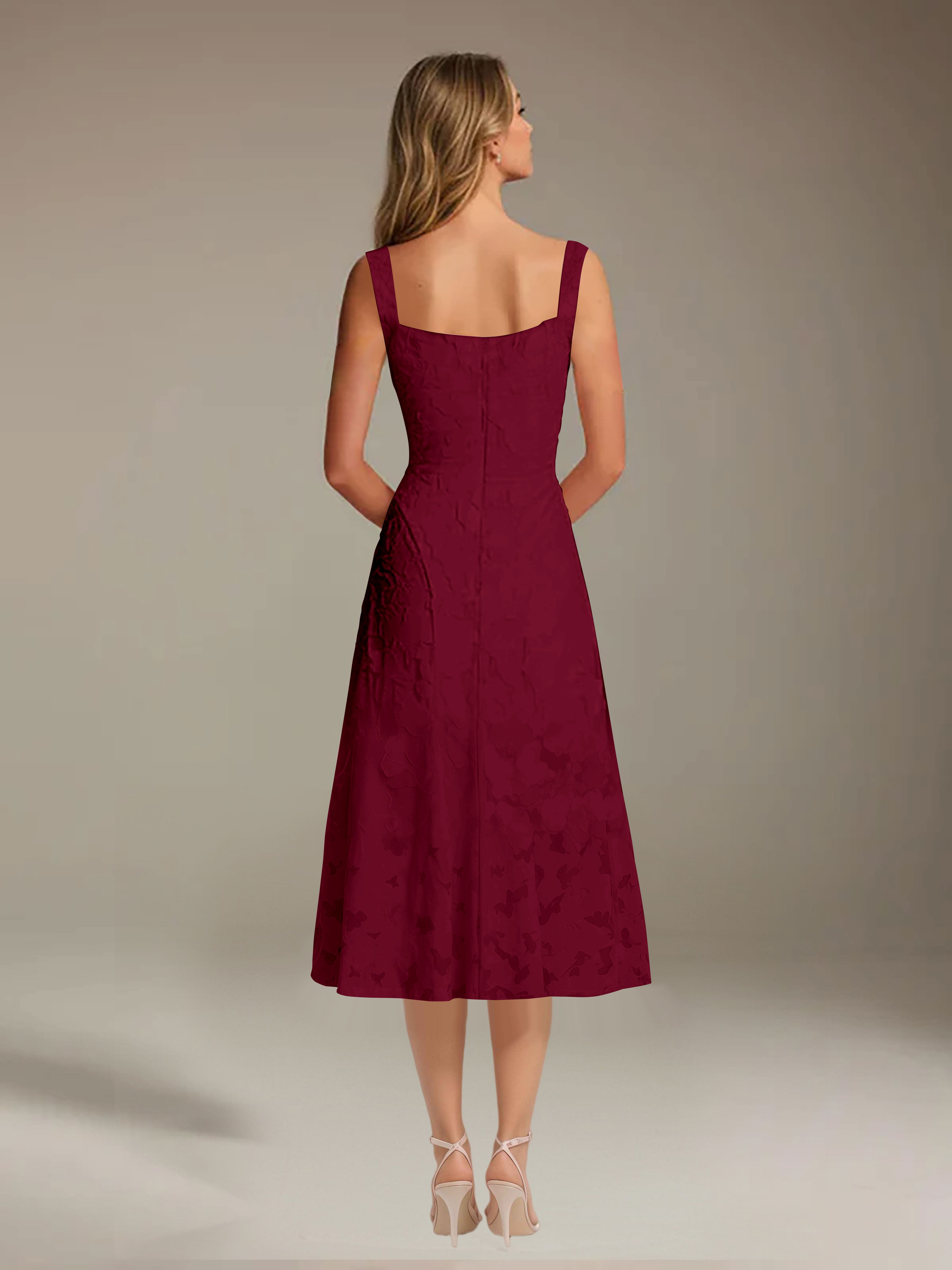 Floral Tea-Length Lace Dress – A-Line Square Neck Sleeveless Formal Wedding Guest Dress