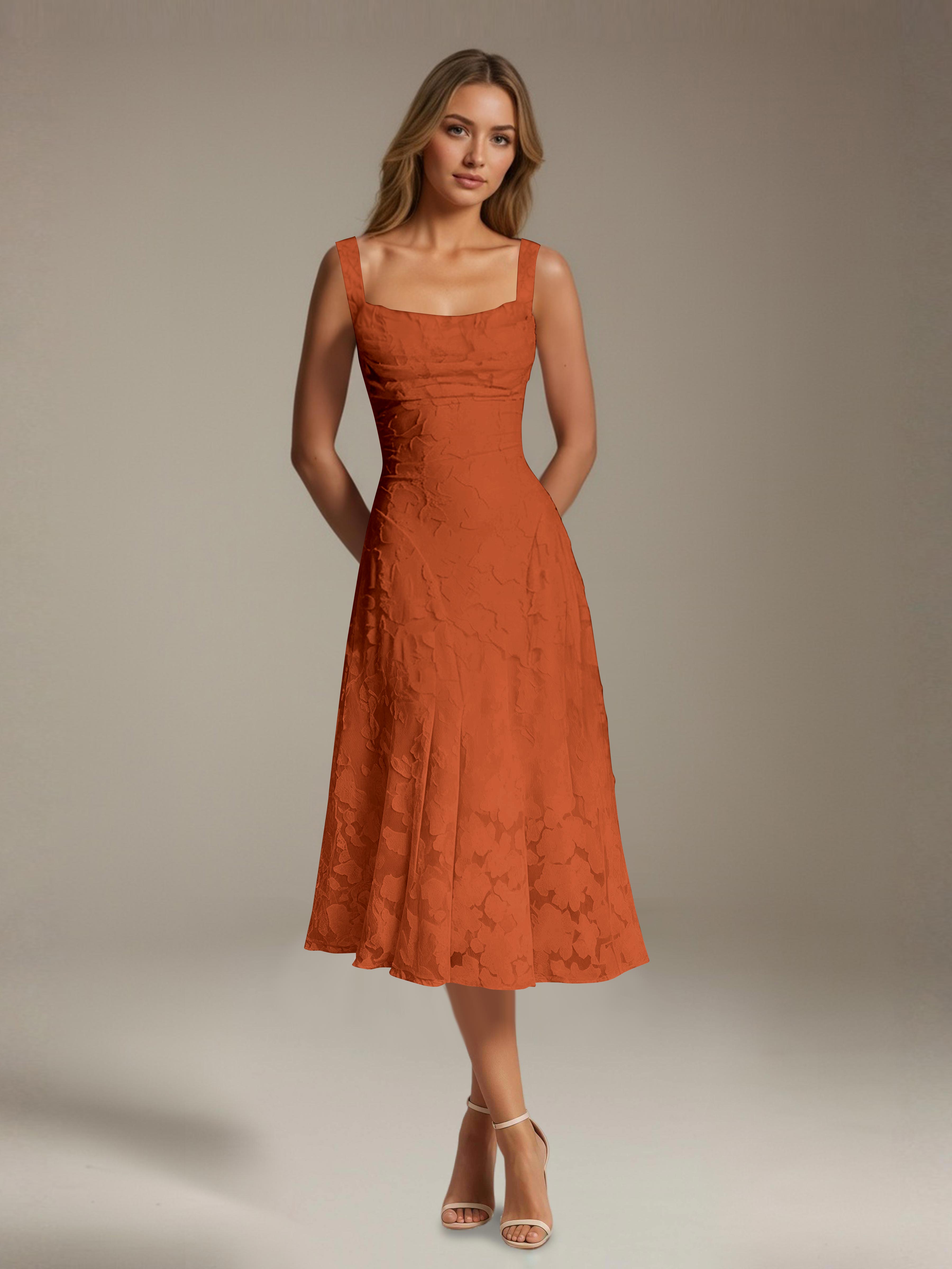 Women's A-Line Floral Lace Square Neck Sleeveless Tea-Length Formal Dress