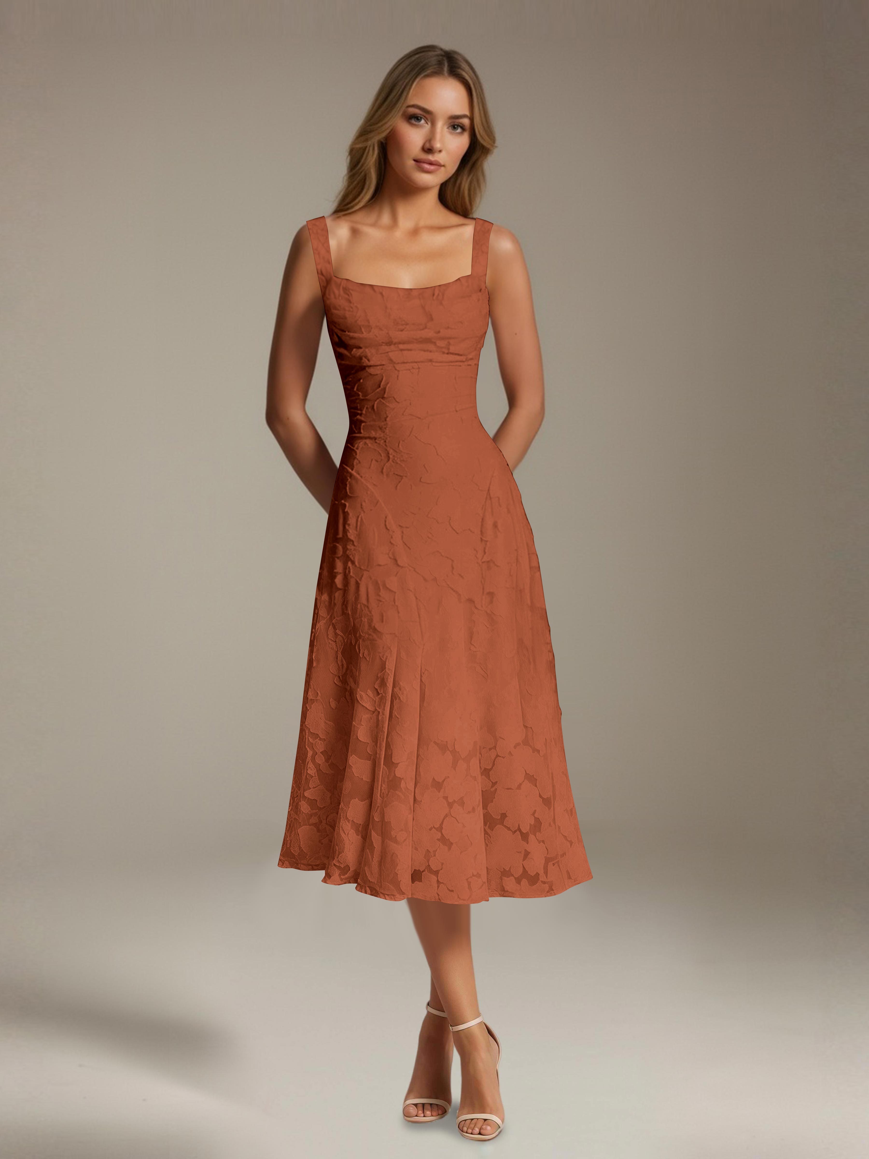 Floral Tea-Length Lace Dress – A-Line Square Neck Sleeveless Formal Wedding Guest Dress