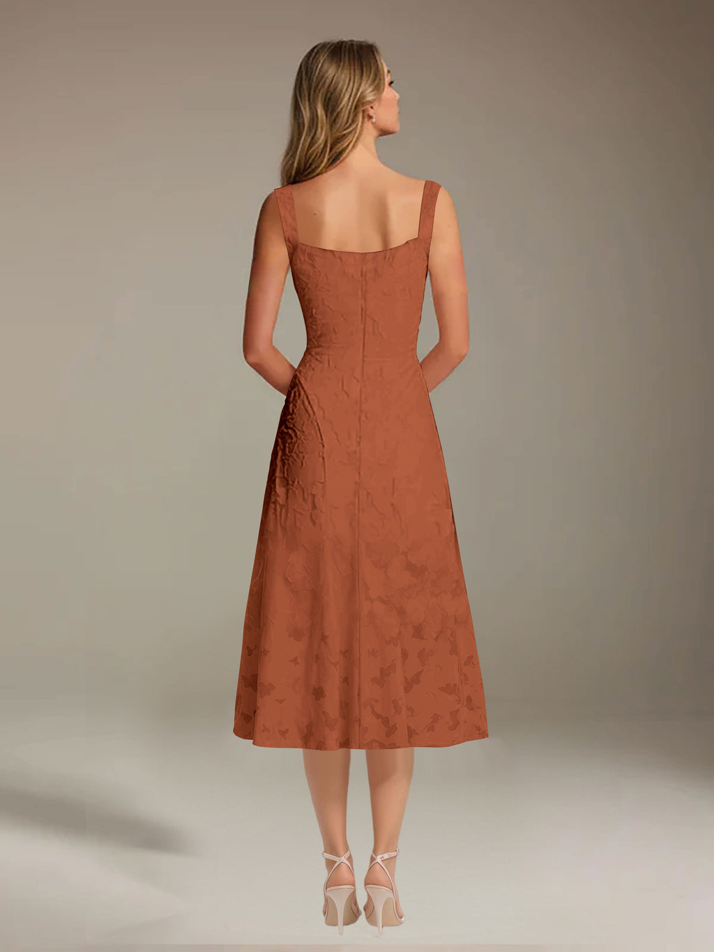Floral Tea-Length Lace Dress – A-Line Square Neck Sleeveless Formal Wedding Guest Dress