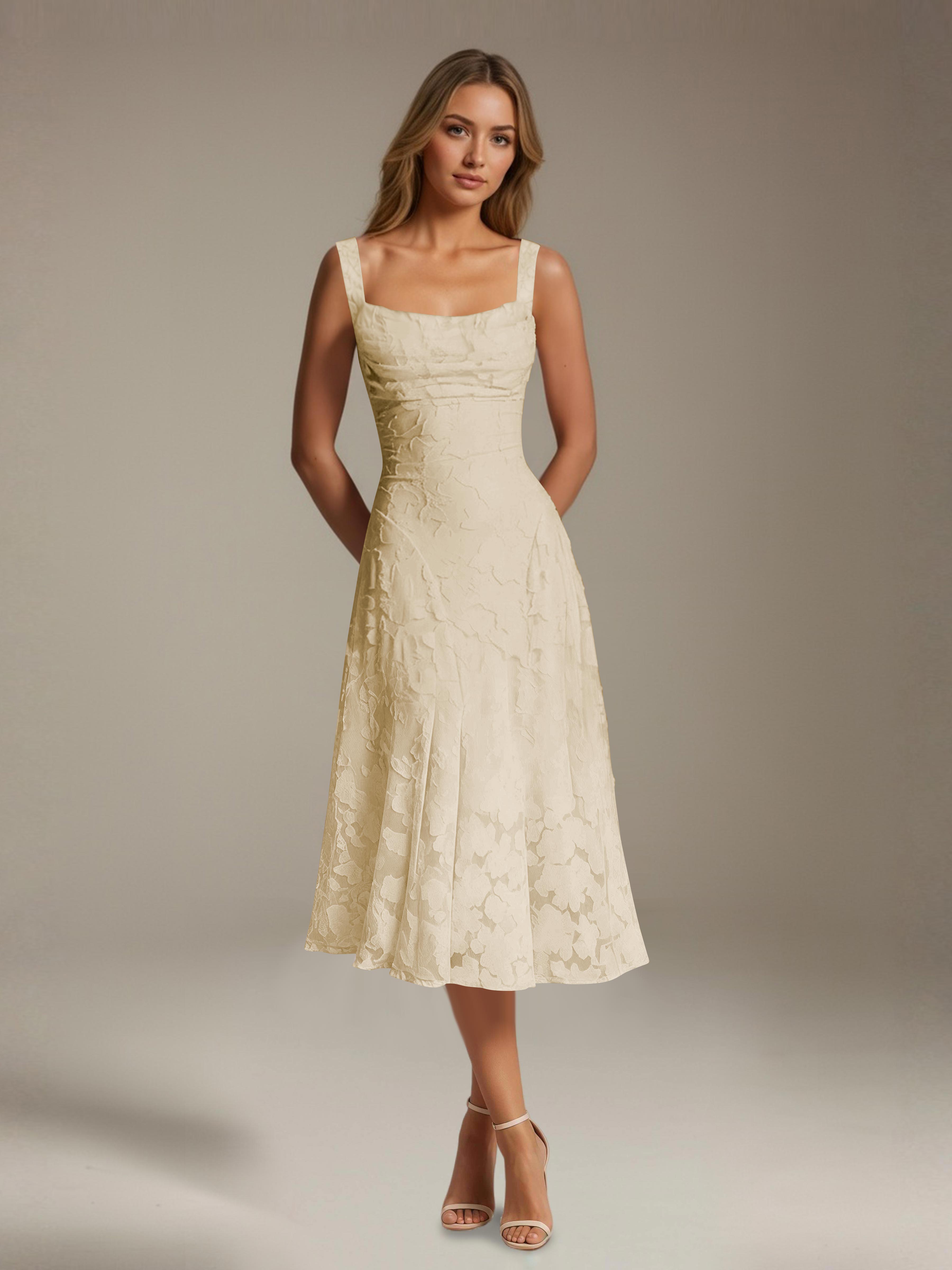 Floral Tea-Length Lace Dress – A-Line Square Neck Sleeveless Formal Wedding Guest Dress