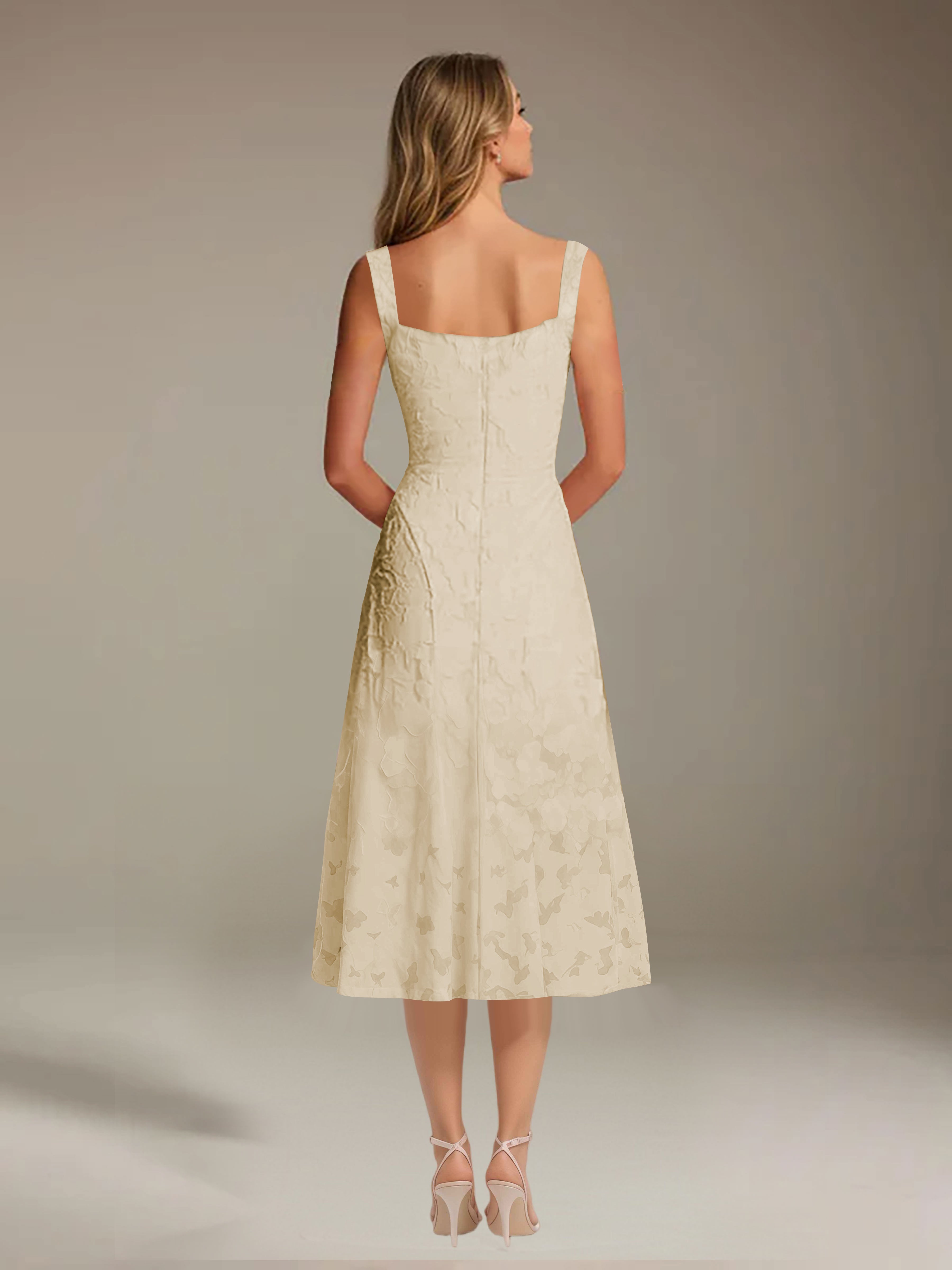 Floral Tea-Length Lace Dress – A-Line Square Neck Sleeveless Formal Wedding Guest Dress