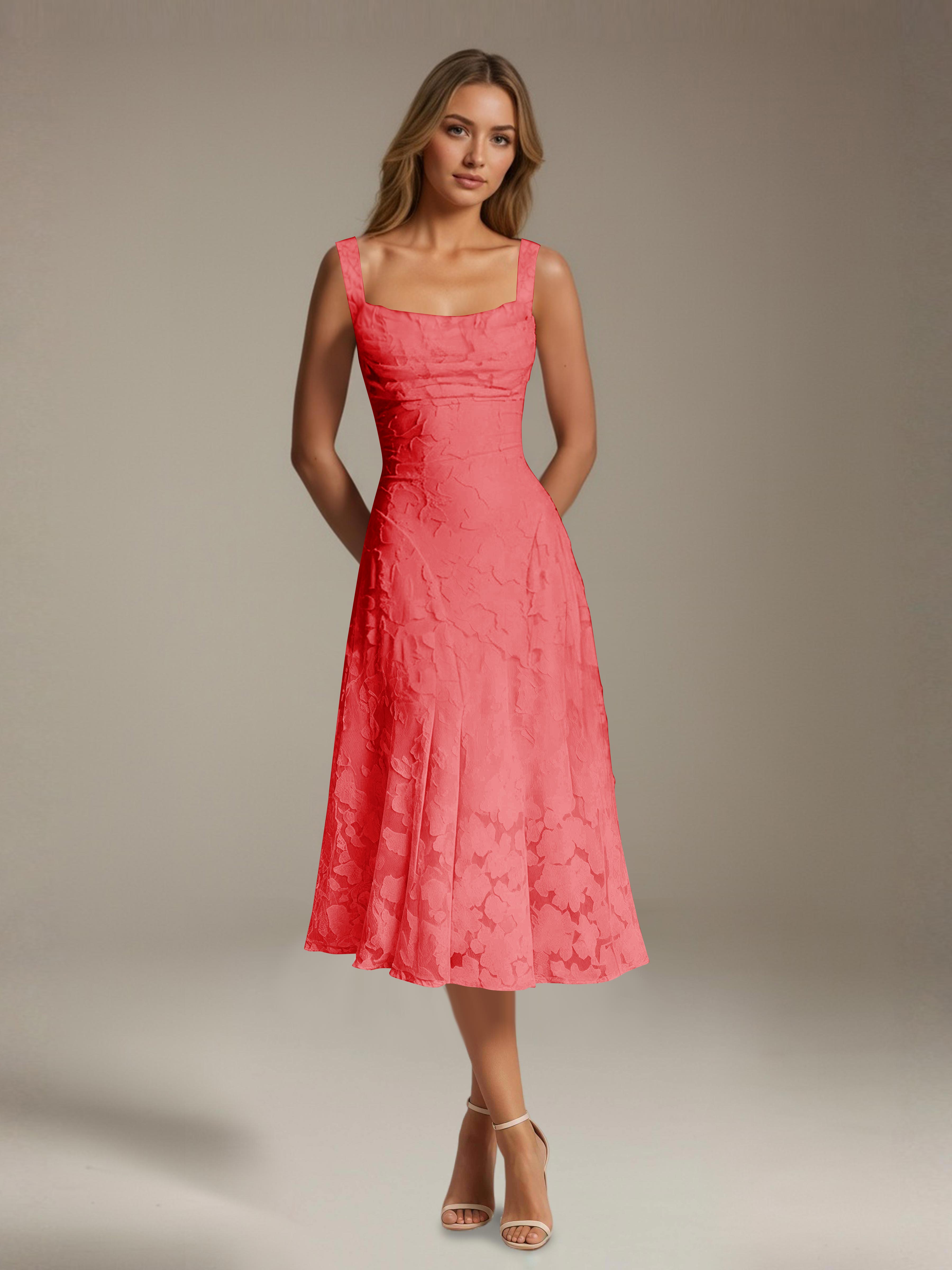 Women's A-Line Floral Lace Square Neck Sleeveless Tea-Length Formal Dress