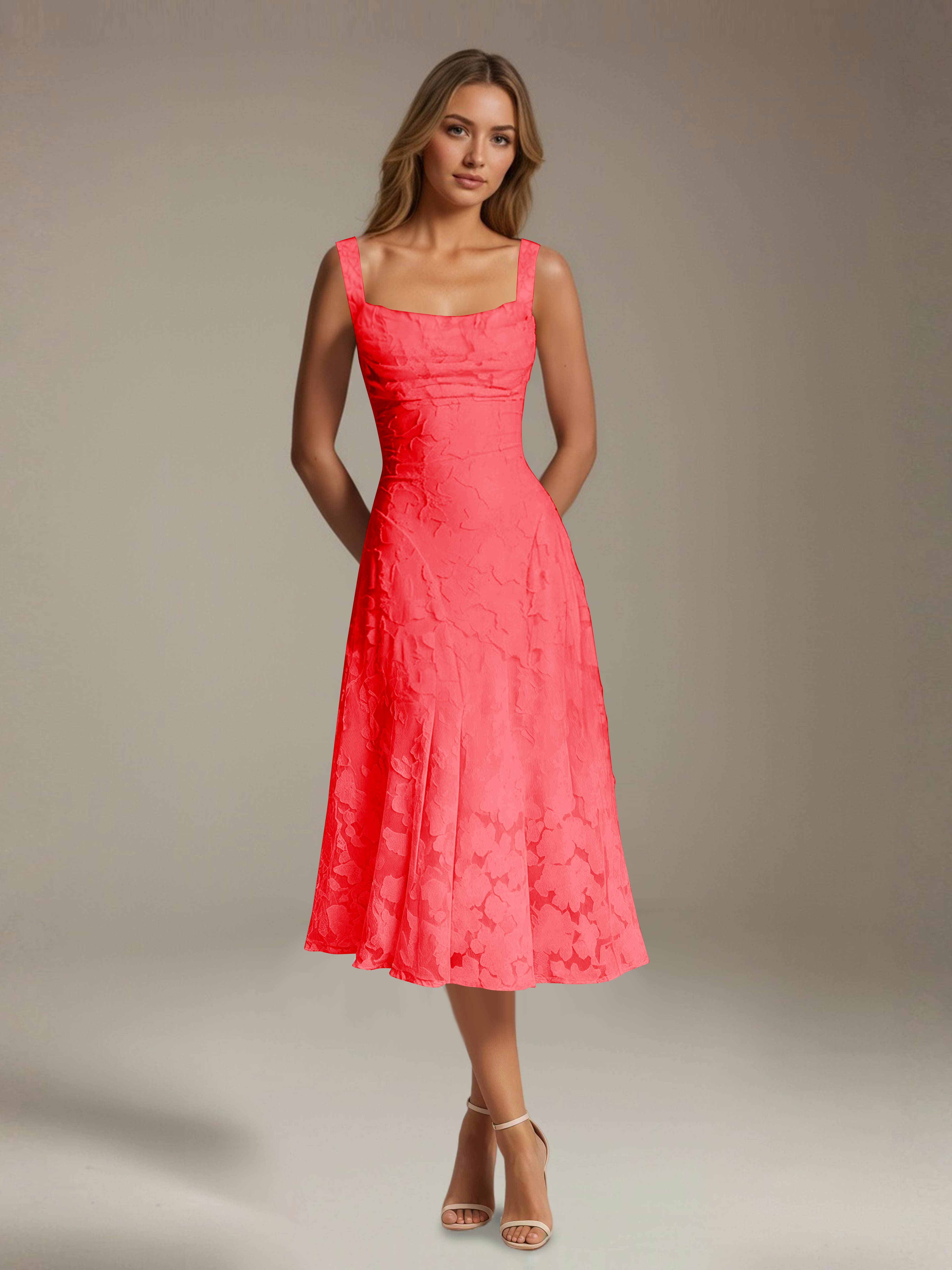 Floral Tea-Length Lace Dress – A-Line Square Neck Sleeveless Formal Wedding Guest Dress