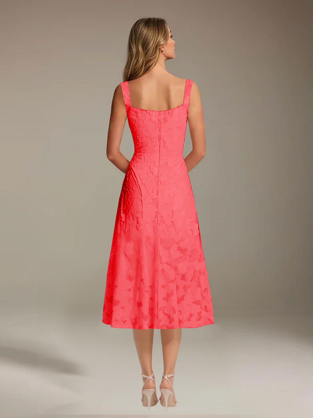 Floral Tea-Length Lace Dress – A-Line Square Neck Sleeveless Formal Wedding Guest Dress