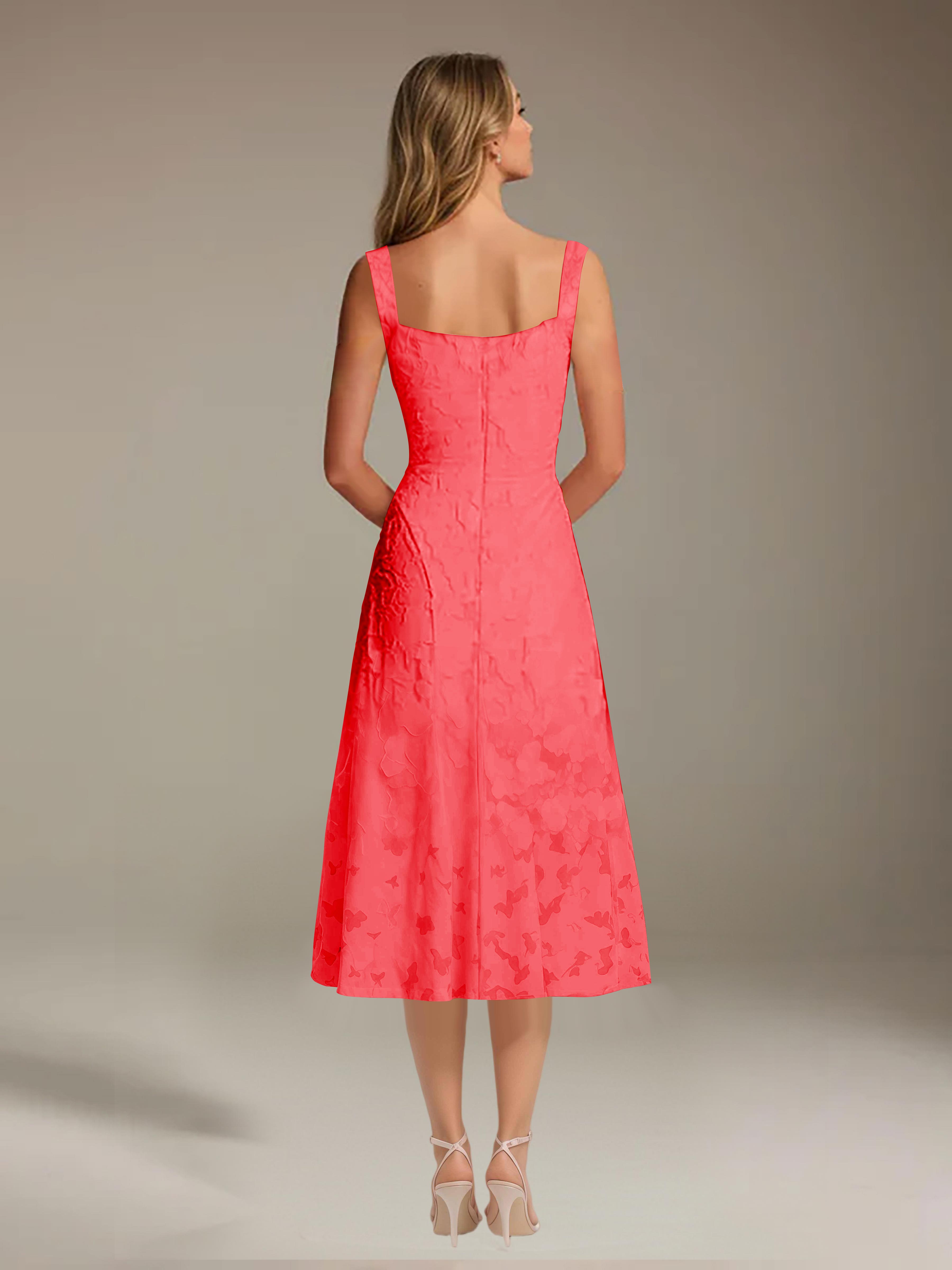 Floral Tea-Length Lace Dress – A-Line Square Neck Sleeveless Formal Wedding Guest Dress
