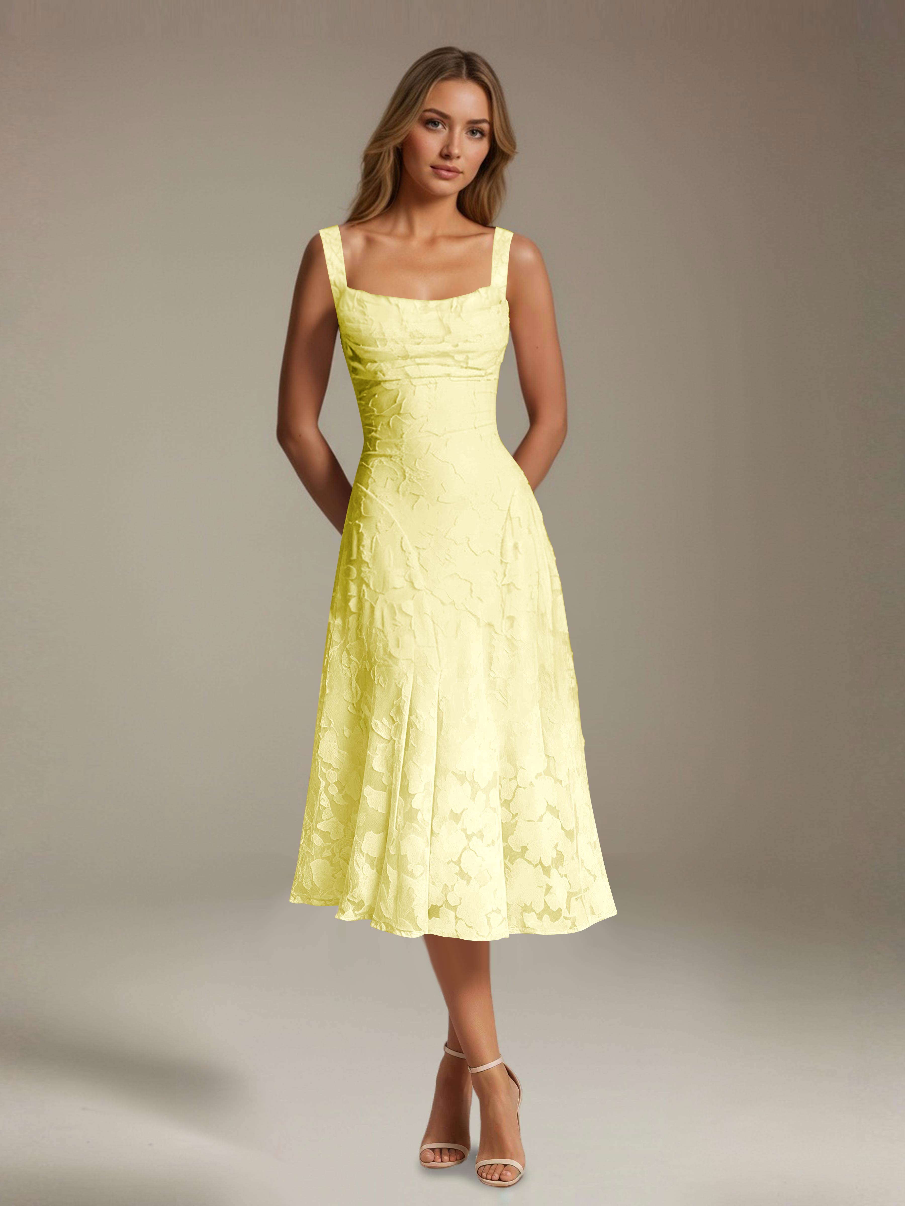 Floral Tea-Length Lace Dress – A-Line Square Neck Sleeveless Formal Wedding Guest Dress