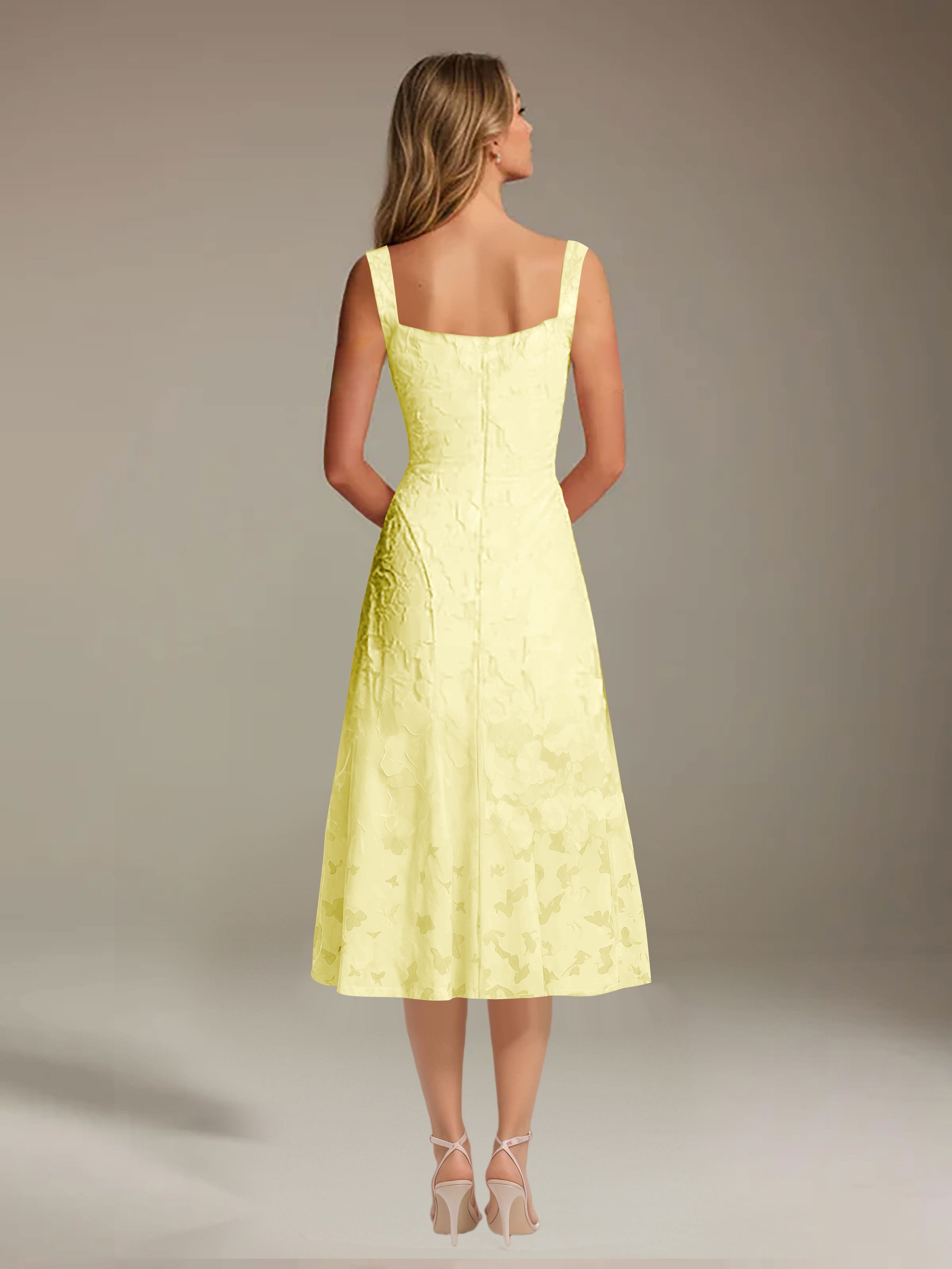 Floral Tea-Length Lace Dress – A-Line Square Neck Sleeveless Formal Wedding Guest Dress