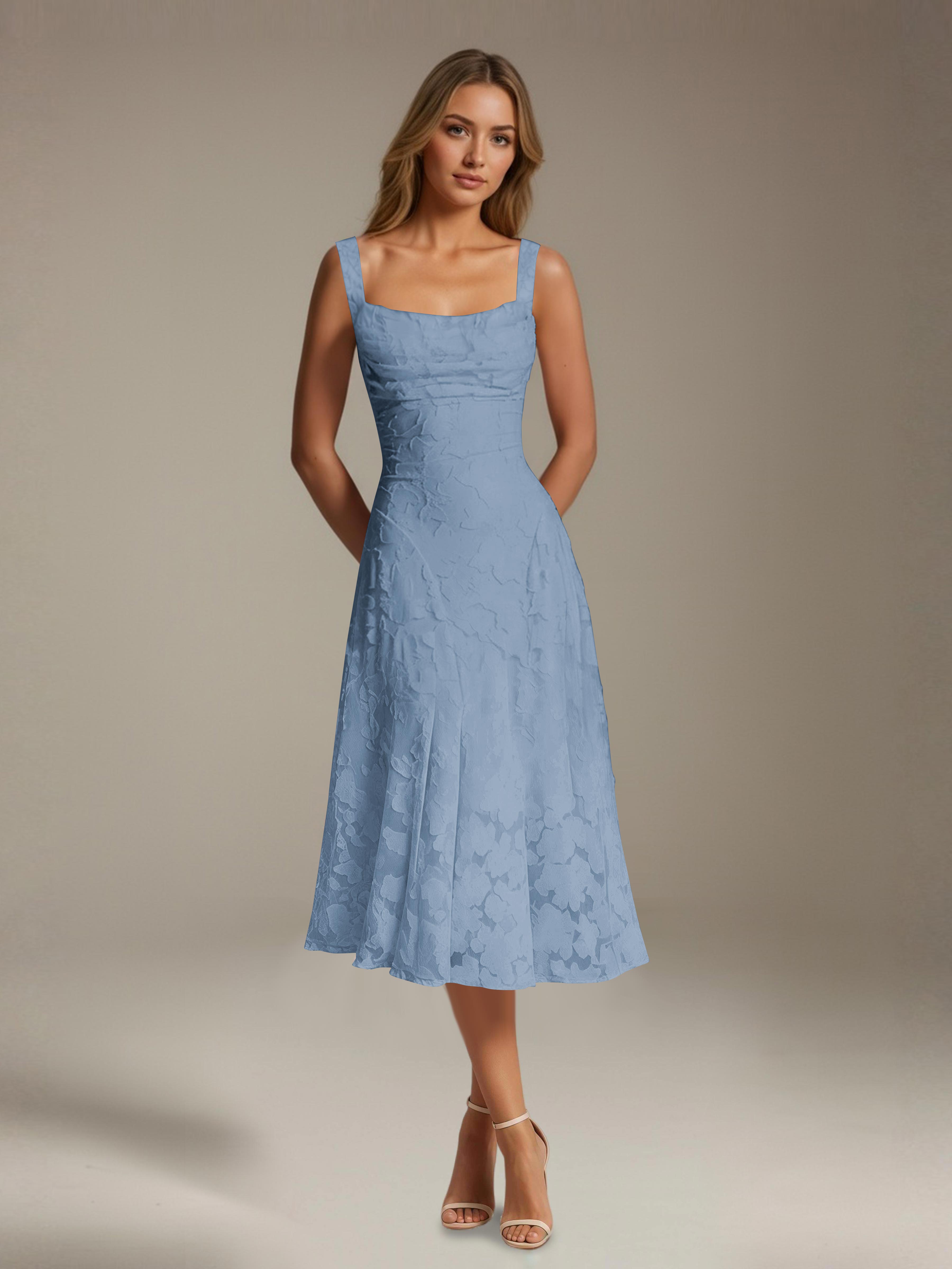 Women's A-Line Floral Lace Square Neck Sleeveless Tea-Length Formal Dress