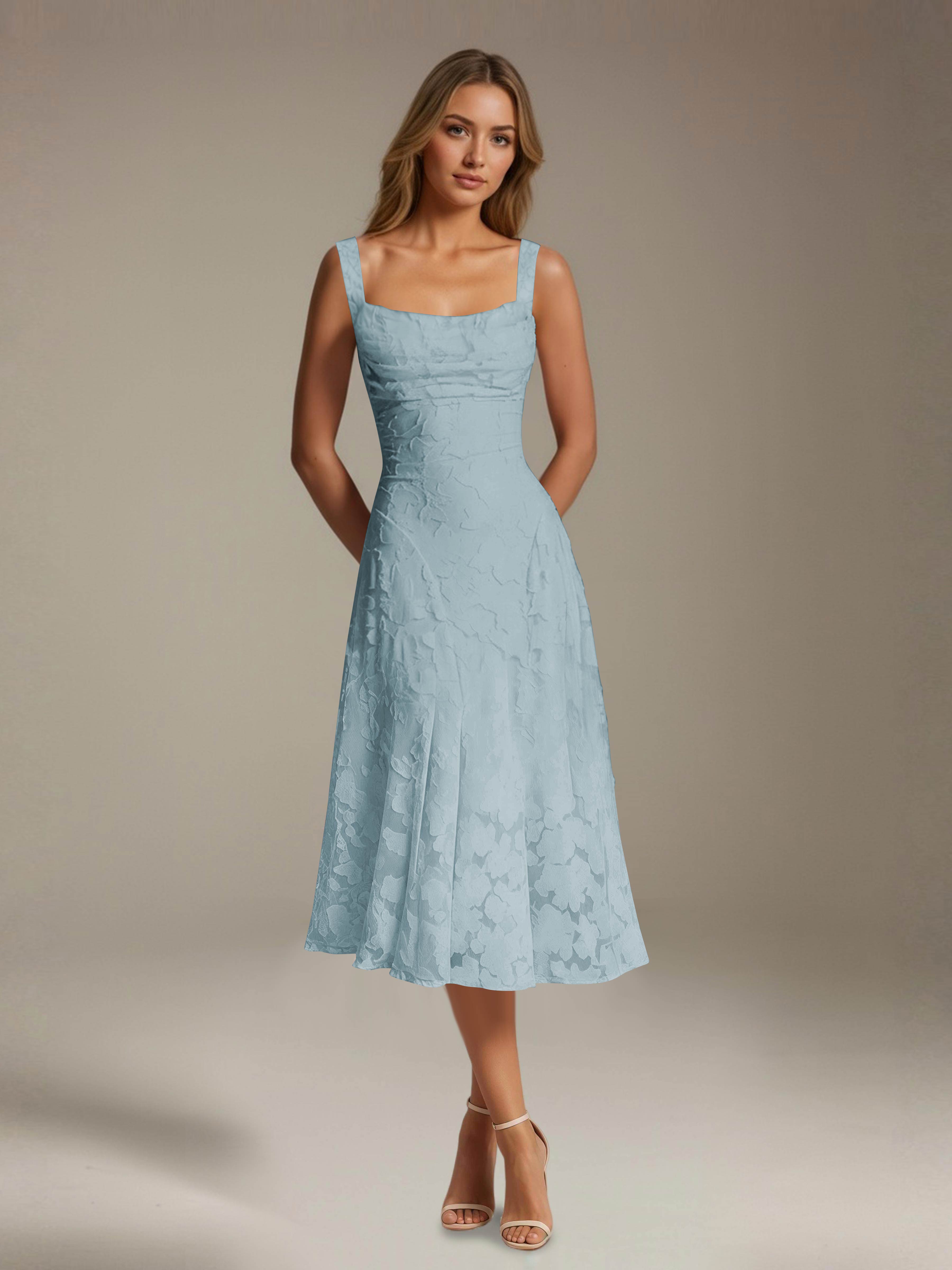 Floral Tea-Length Lace Dress – A-Line Square Neck Sleeveless Formal Wedding Guest Dress