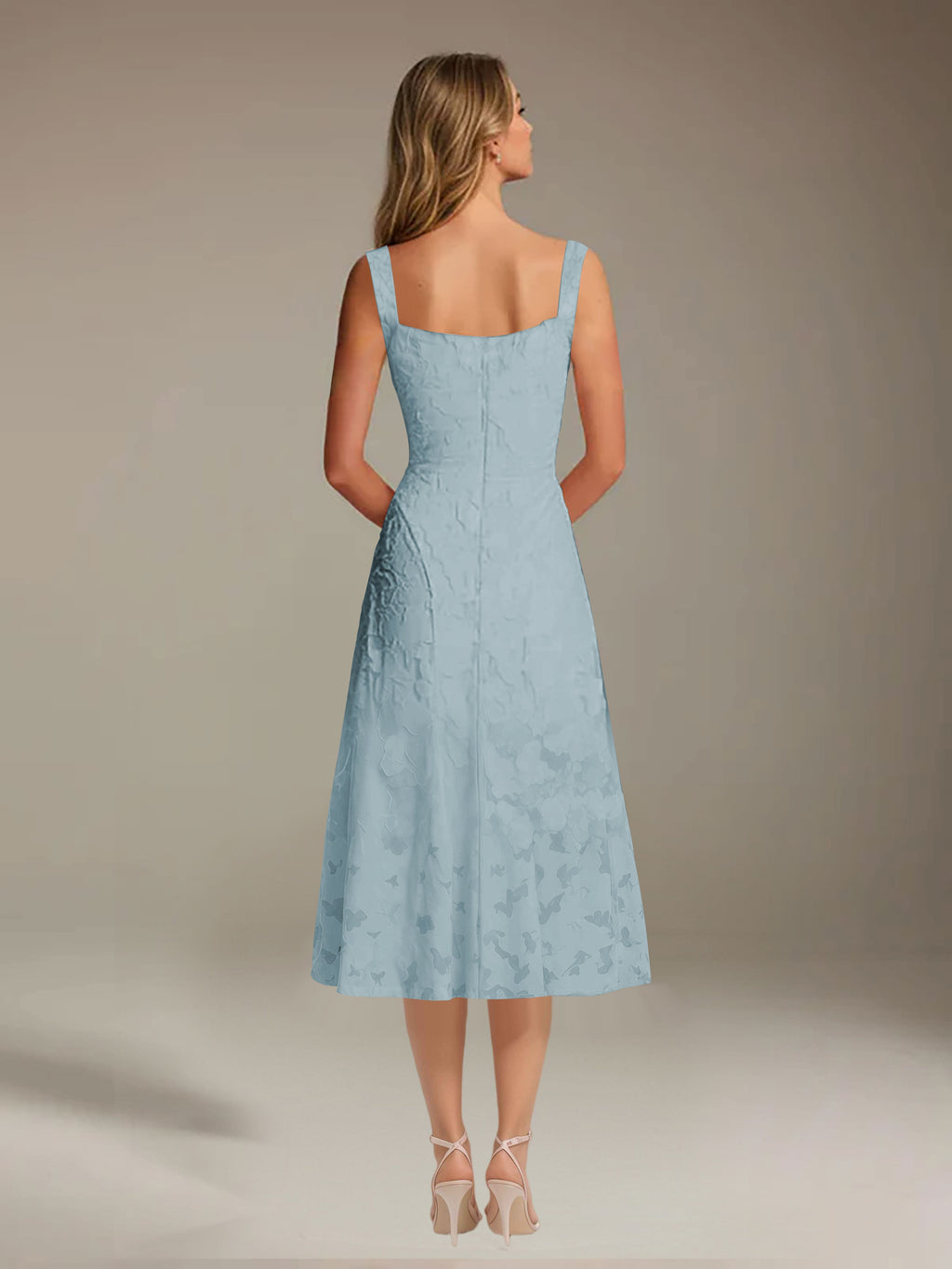 Floral Tea-Length Lace Dress – A-Line Square Neck Sleeveless Formal Wedding Guest Dress