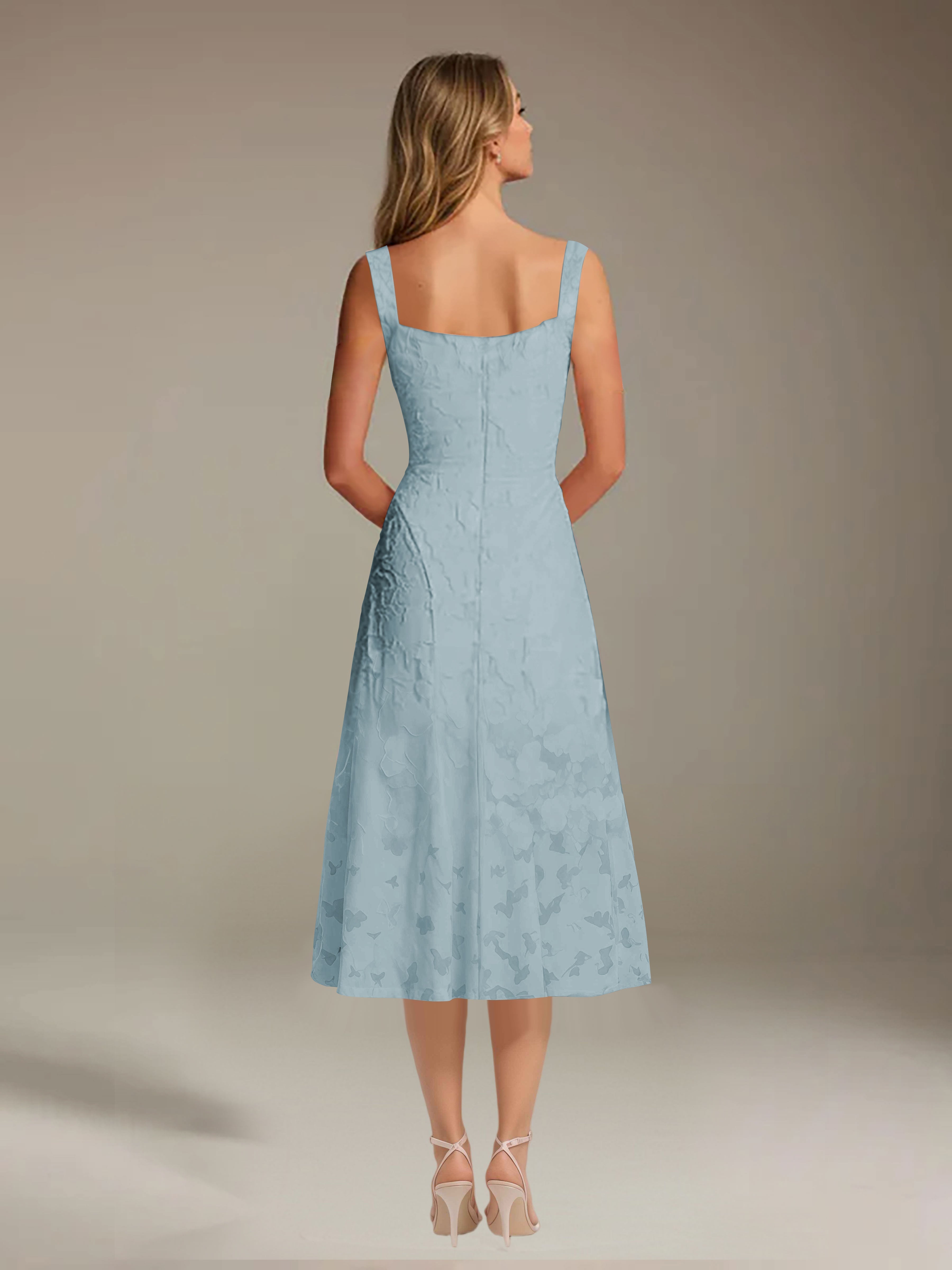 Floral Tea-Length Lace Dress – A-Line Square Neck Sleeveless Formal Wedding Guest Dress