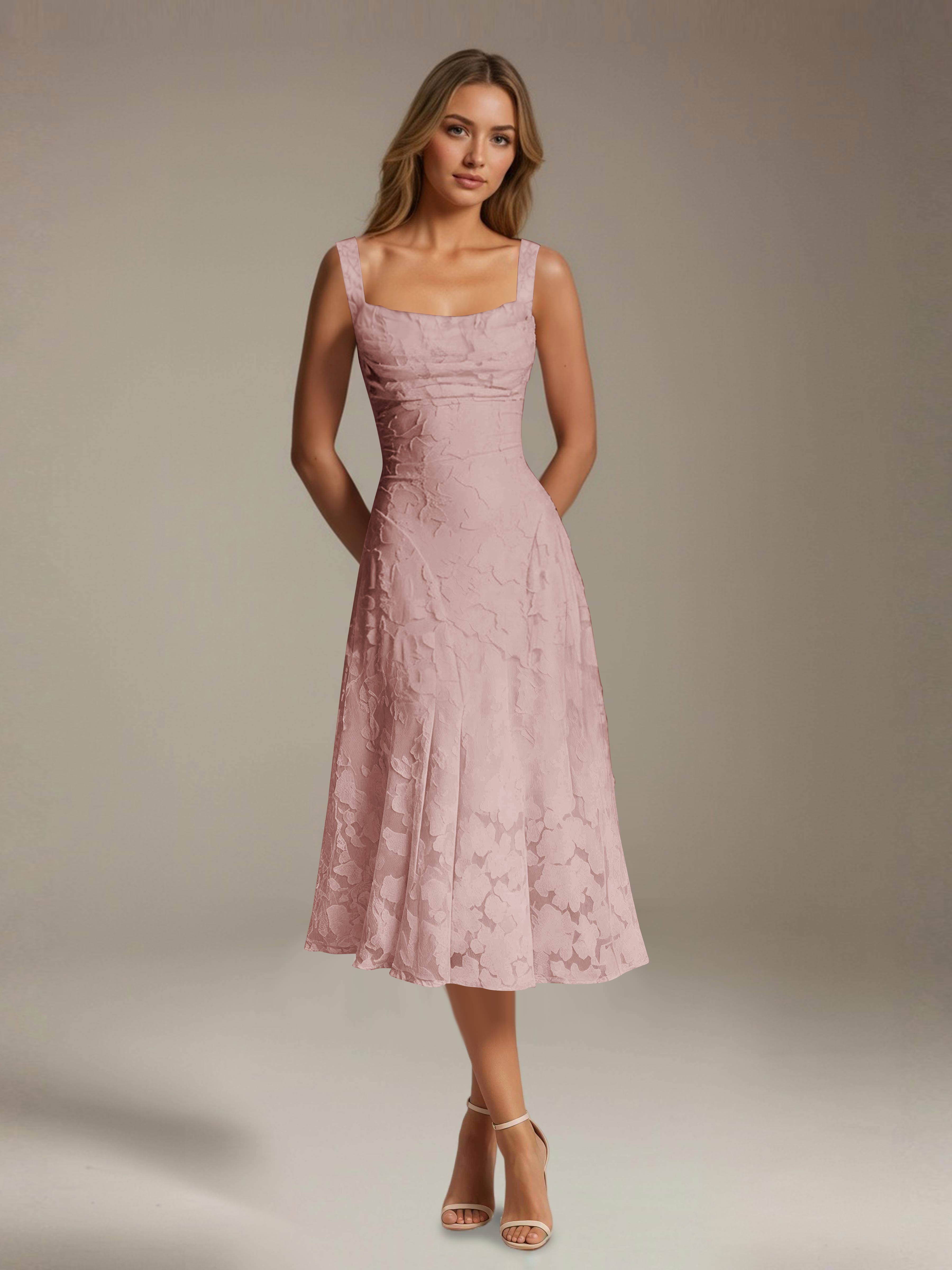 Floral Tea-Length Lace Dress – A-Line Square Neck Sleeveless Formal Wedding Guest Dress