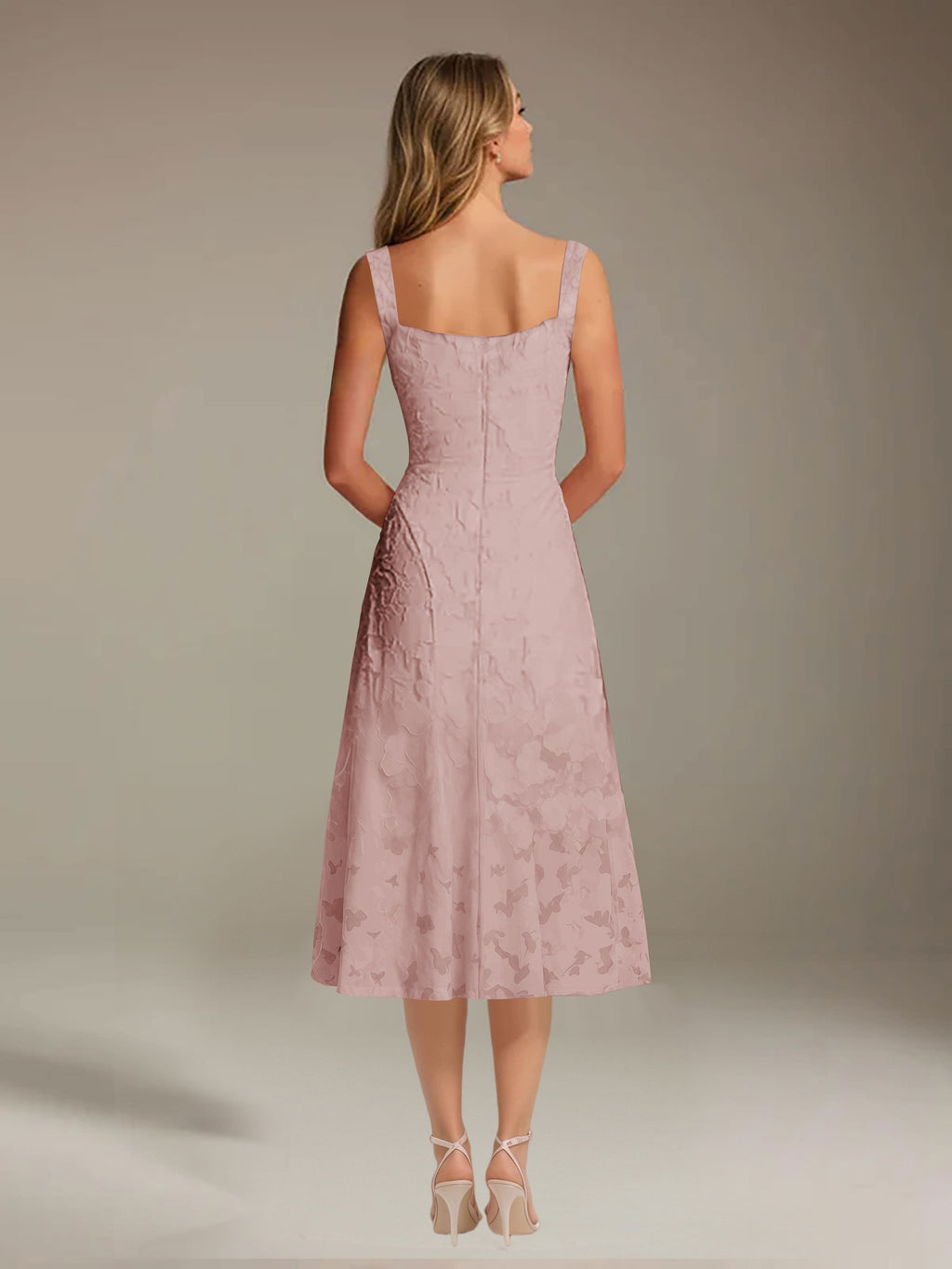 Floral Tea-Length Lace Dress – A-Line Square Neck Sleeveless Formal Wedding Guest Dress