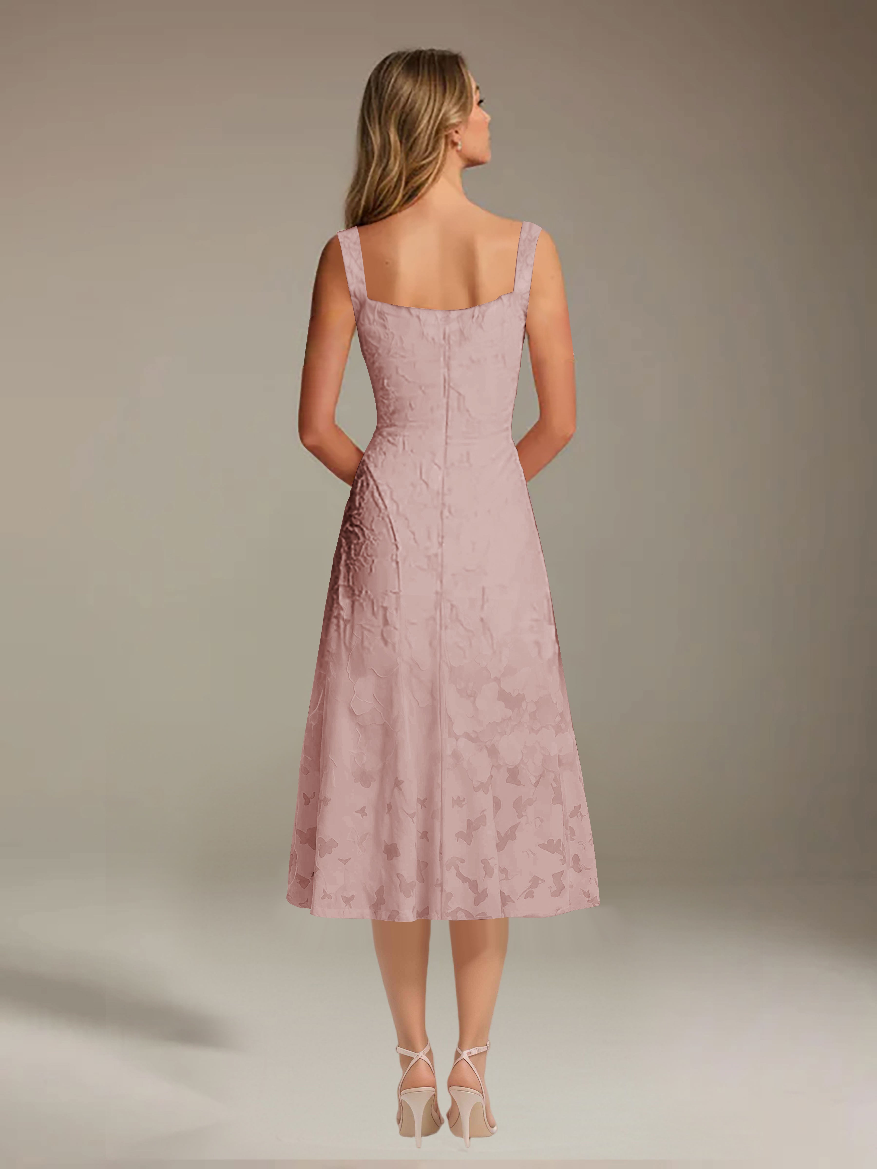 Floral Tea-Length Lace Dress – A-Line Square Neck Sleeveless Formal Wedding Guest Dress