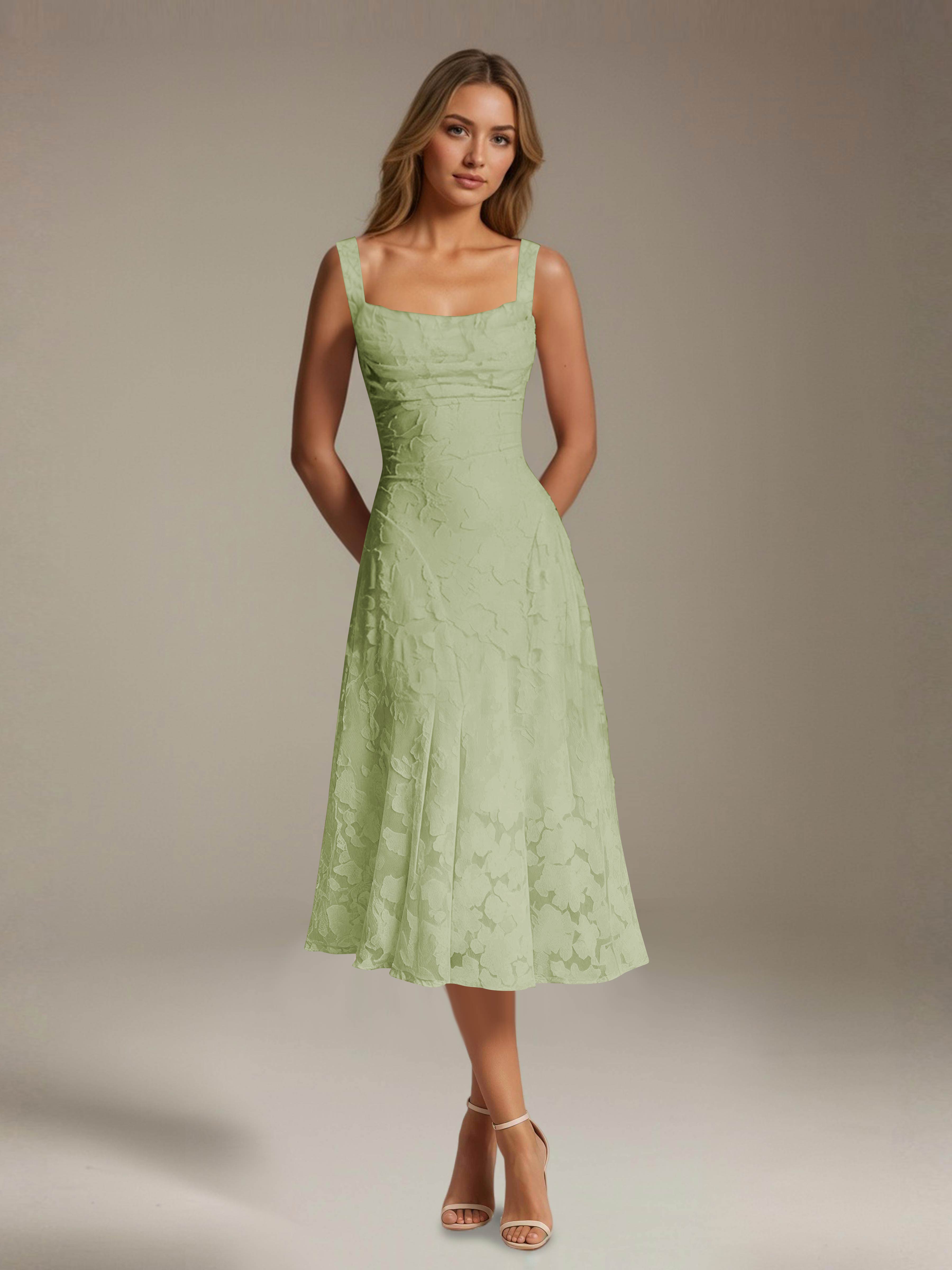 Floral Tea-Length Lace Dress – A-Line Square Neck Sleeveless Formal Wedding Guest Dress