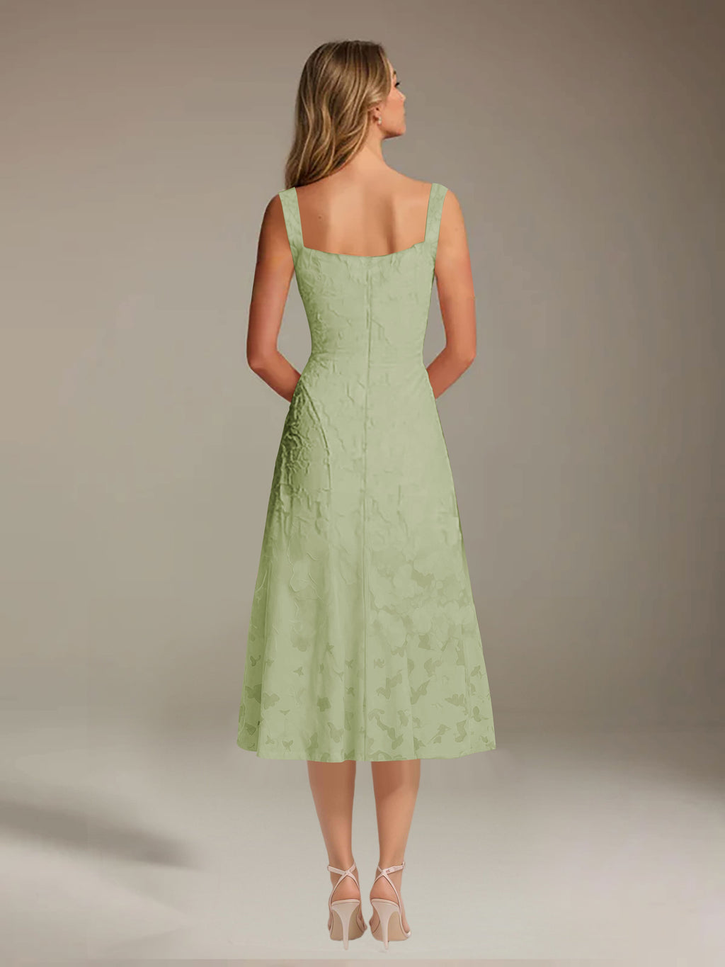 Floral Tea-Length Lace Dress – A-Line Square Neck Sleeveless Formal Wedding Guest Dress