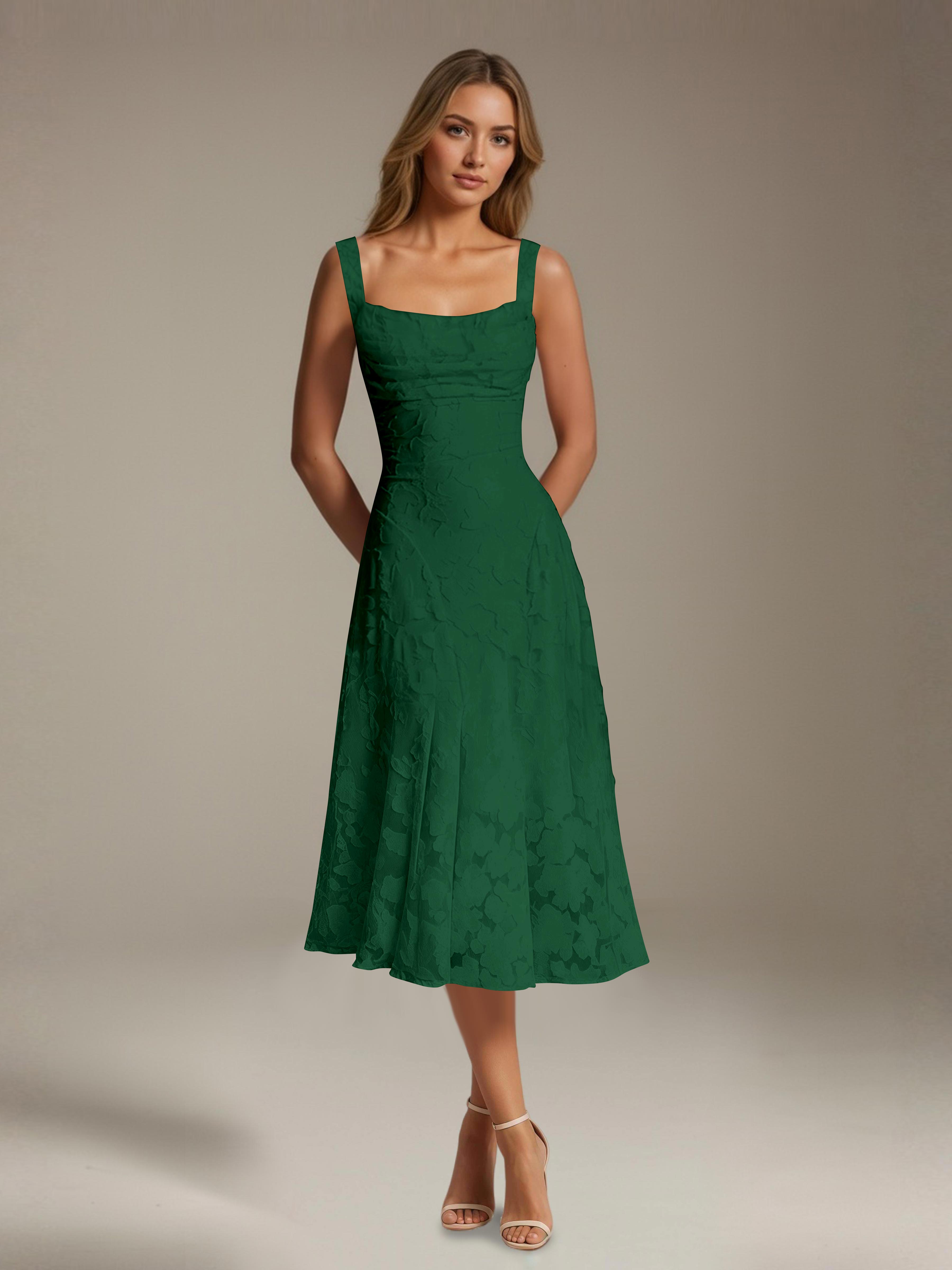 Floral Tea-Length Lace Dress – A-Line Square Neck Sleeveless Formal Wedding Guest Dress