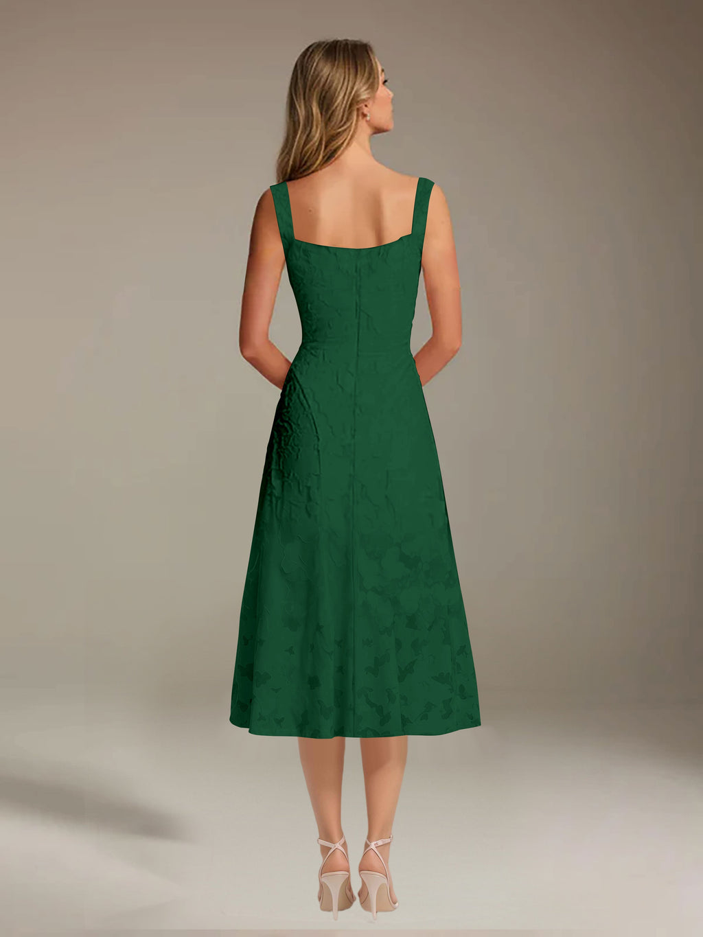 Floral Tea-Length Lace Dress – A-Line Square Neck Sleeveless Formal Wedding Guest Dress