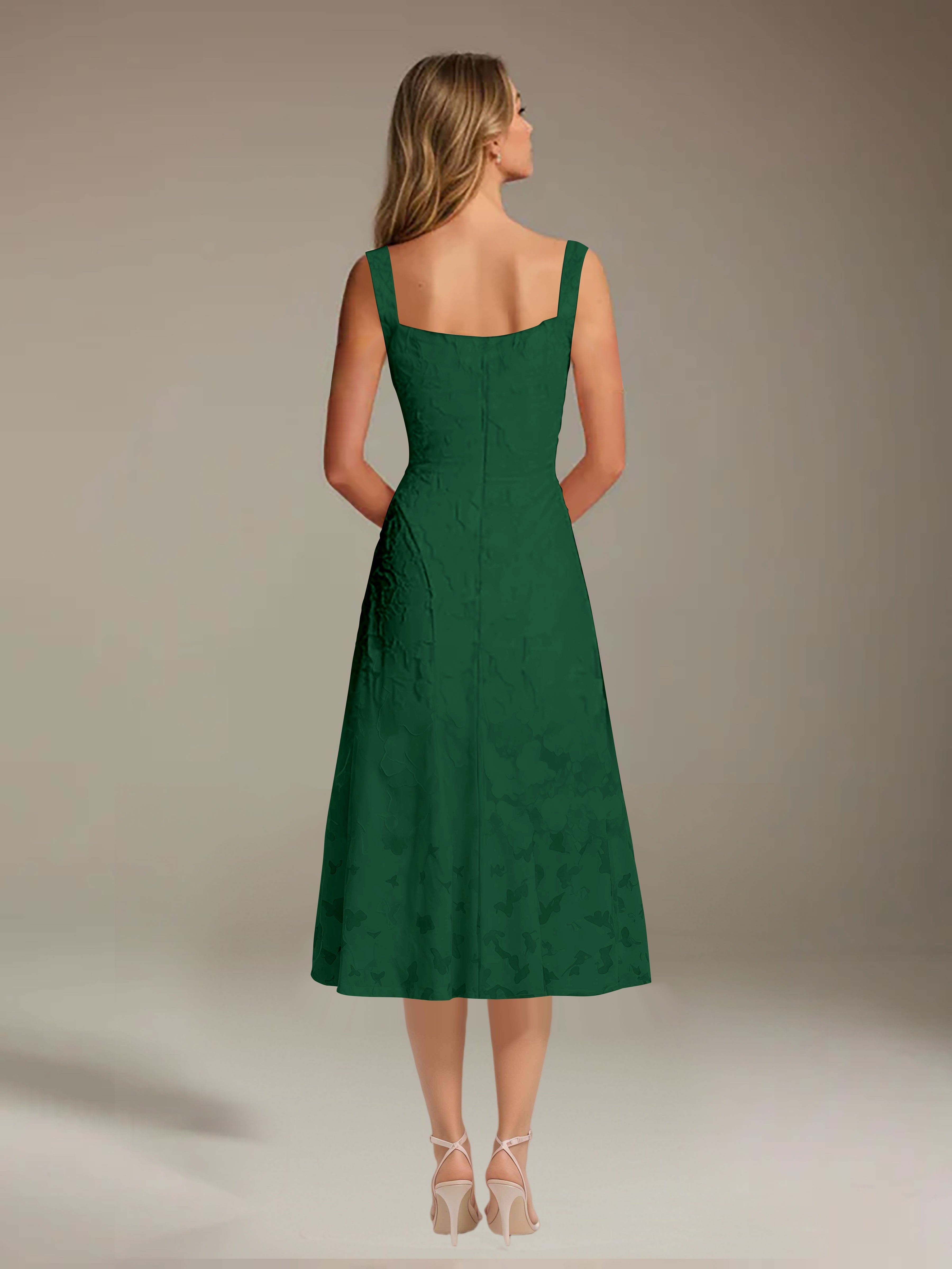Floral Tea-Length Lace Dress – A-Line Square Neck Sleeveless Formal Wedding Guest Dress