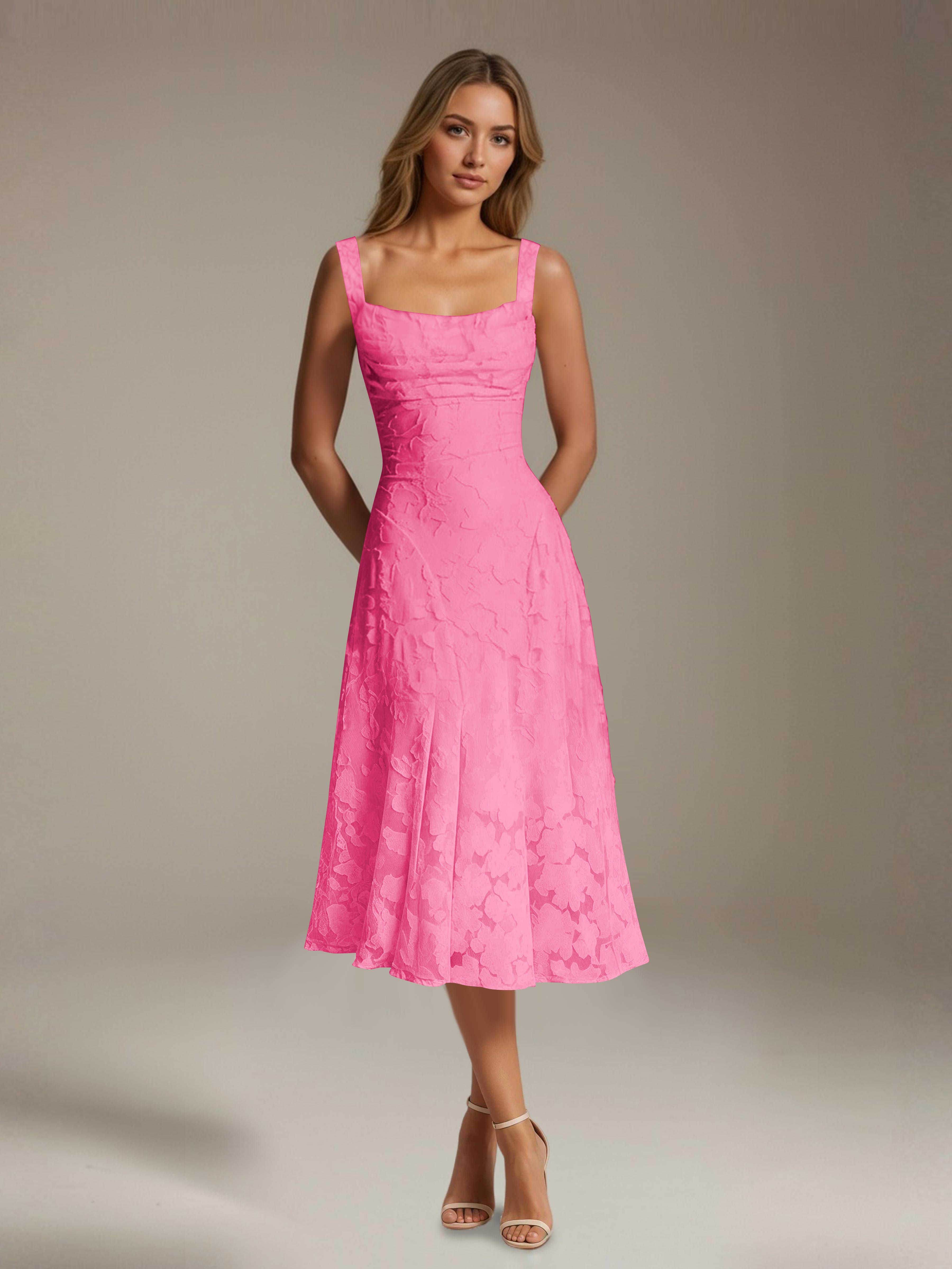 Floral Tea-Length Lace Dress – A-Line Square Neck Sleeveless Formal Wedding Guest Dress