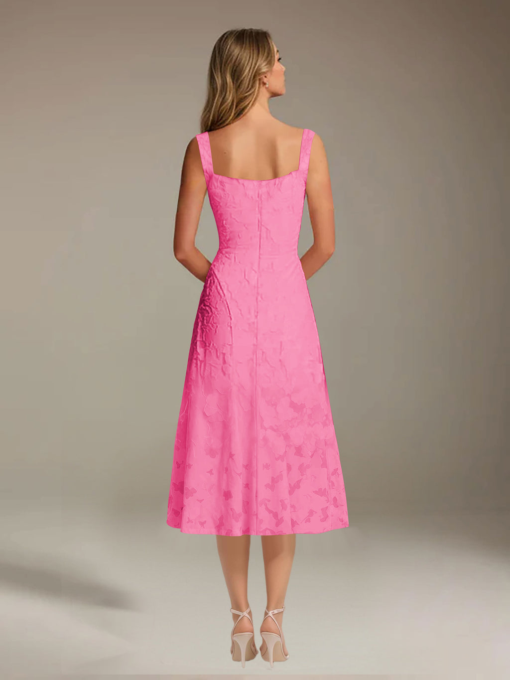 Floral Tea-Length Lace Dress – A-Line Square Neck Sleeveless Formal Wedding Guest Dress