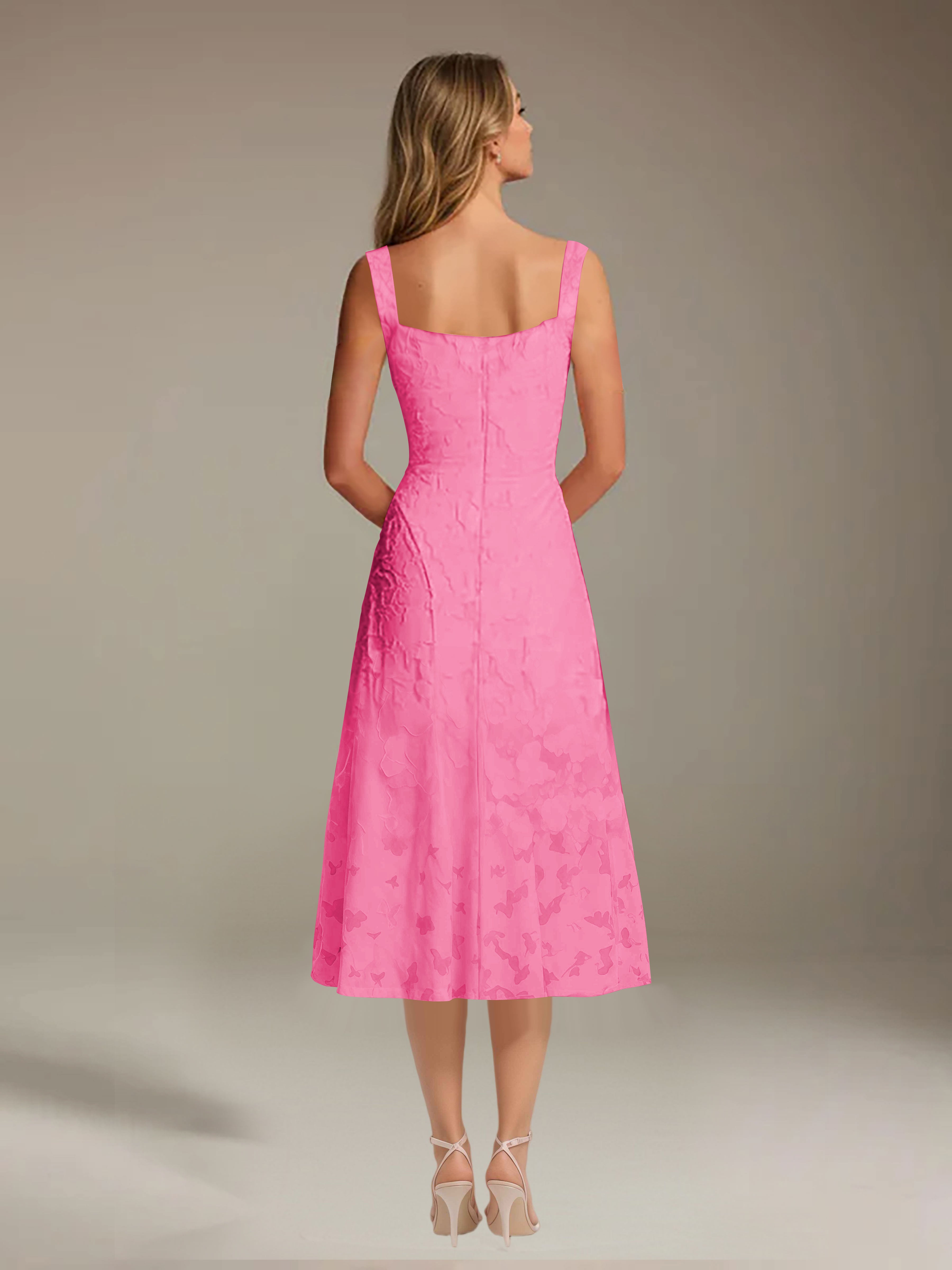 Floral Tea-Length Lace Dress – A-Line Square Neck Sleeveless Formal Wedding Guest Dress