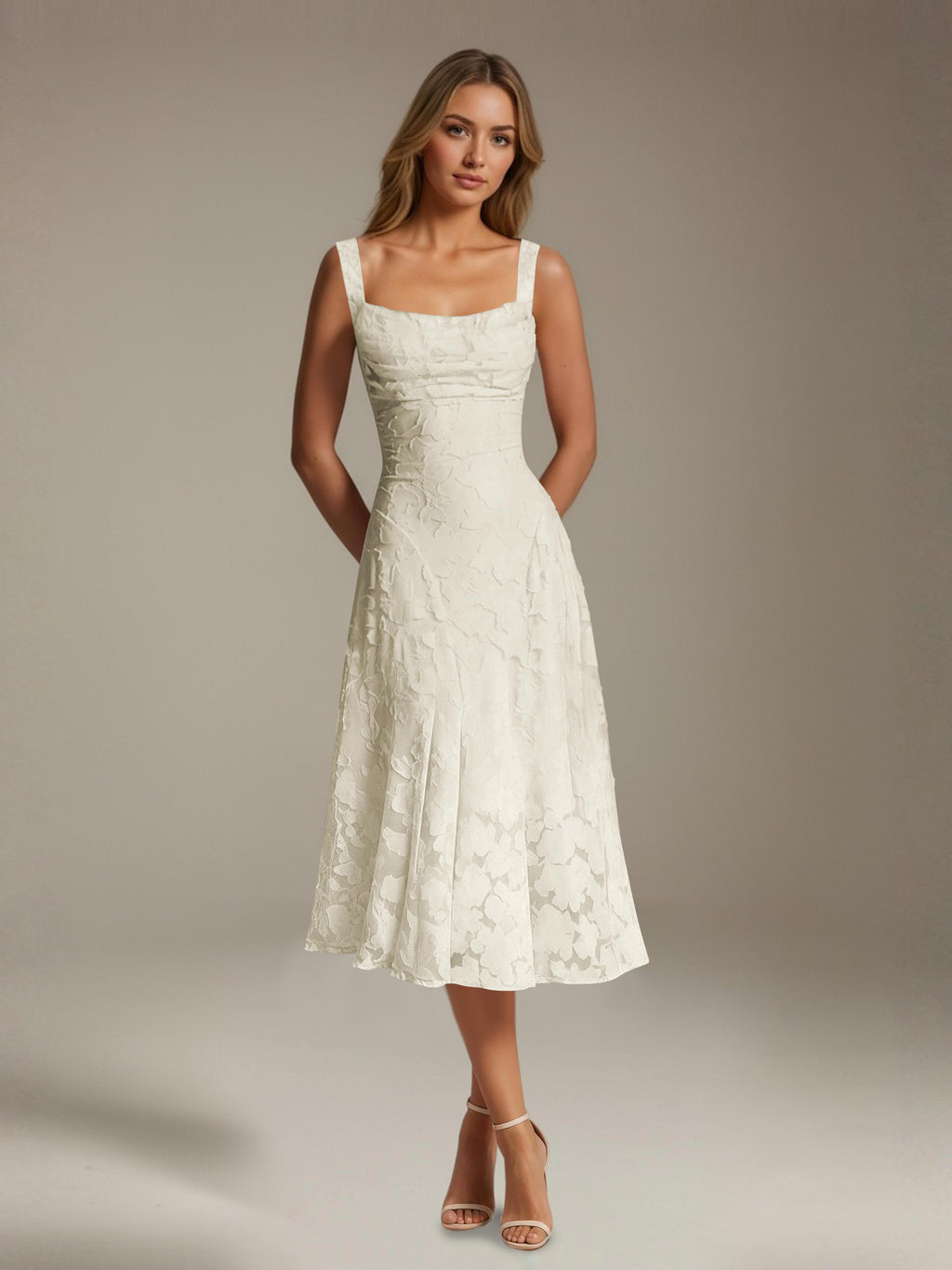 Floral Tea-Length Lace Dress – A-Line Square Neck Sleeveless Formal Wedding Guest Dress