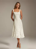 Floral Tea-Length Lace Dress – A-Line Square Neck Sleeveless Formal Wedding Guest Dress