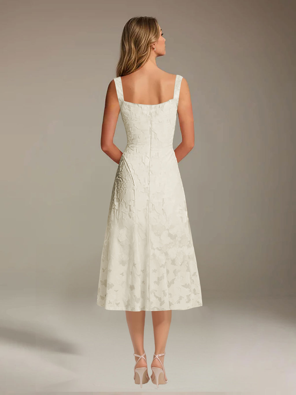 Floral Tea-Length Lace Dress – A-Line Square Neck Sleeveless Formal Wedding Guest Dress