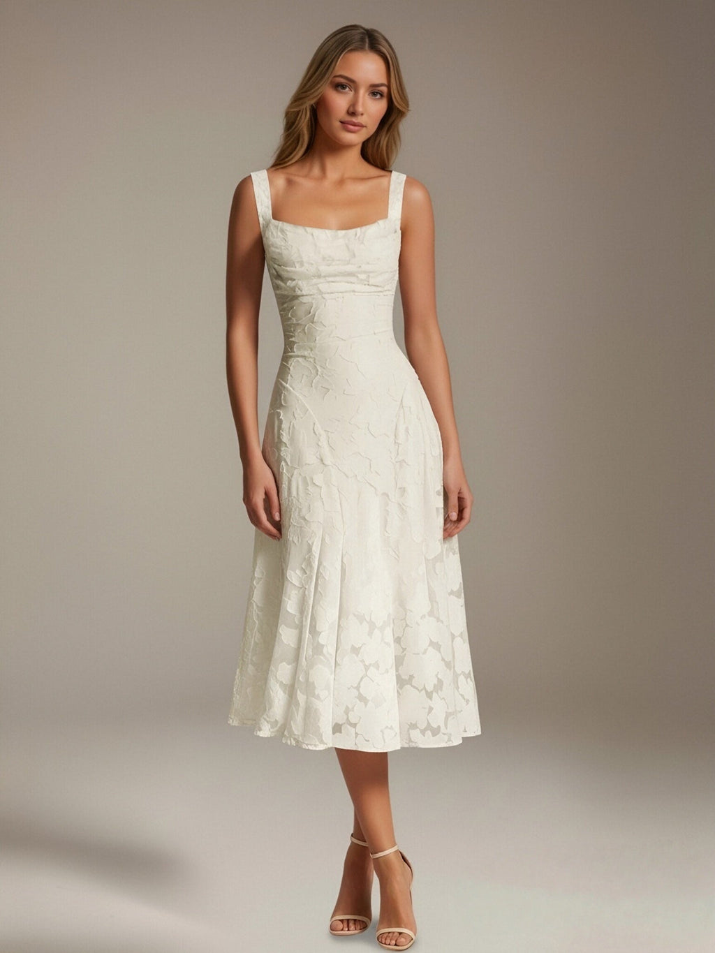 Floral Tea-Length Lace Dress – A-Line Square Neck Sleeveless Formal Wedding Guest Dress