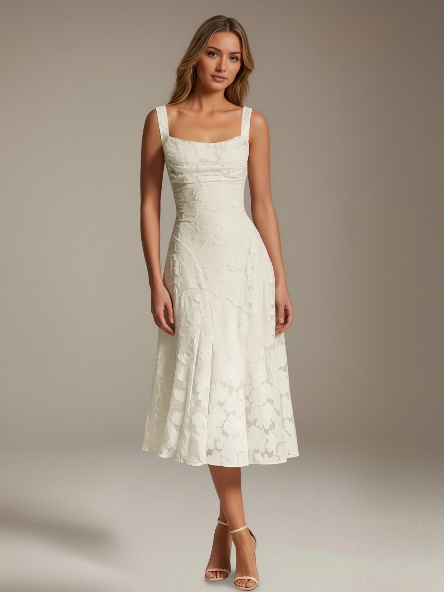 Floral Tea-Length Lace Dress – A-Line Square Neck Sleeveless Formal Wedding Guest Dress