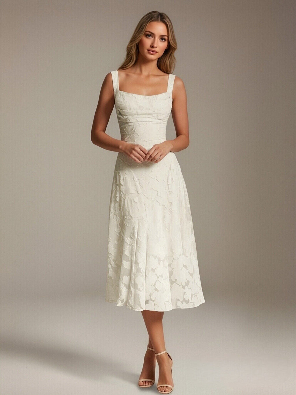 Floral Tea-Length Lace Dress – A-Line Square Neck Sleeveless Formal Wedding Guest Dress