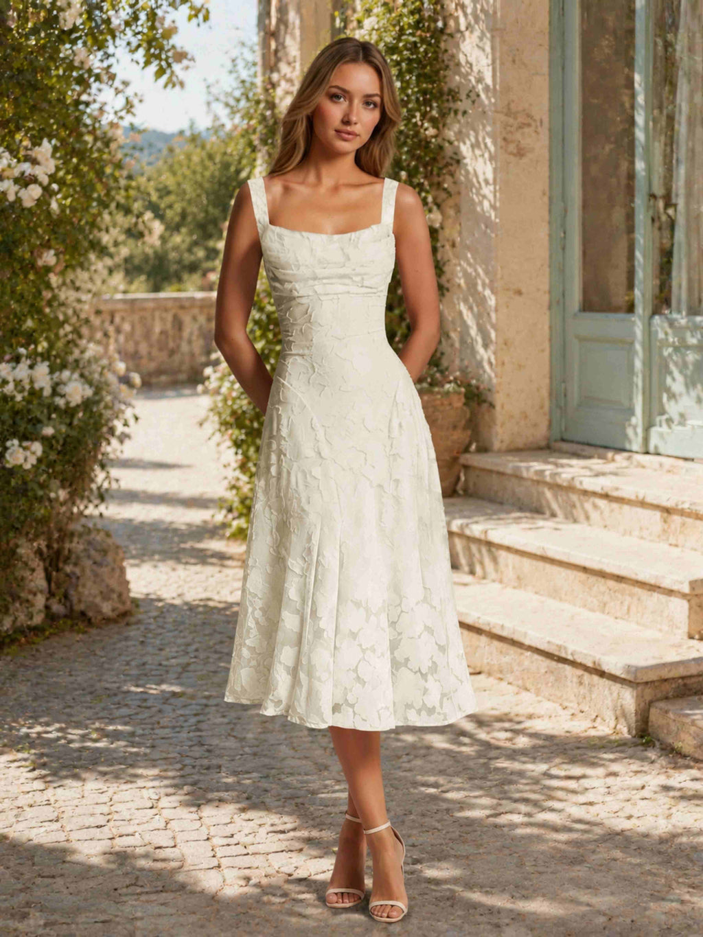 Women's A-Line Floral Lace Square Neck Sleeveless Tea-Length Formal Dress