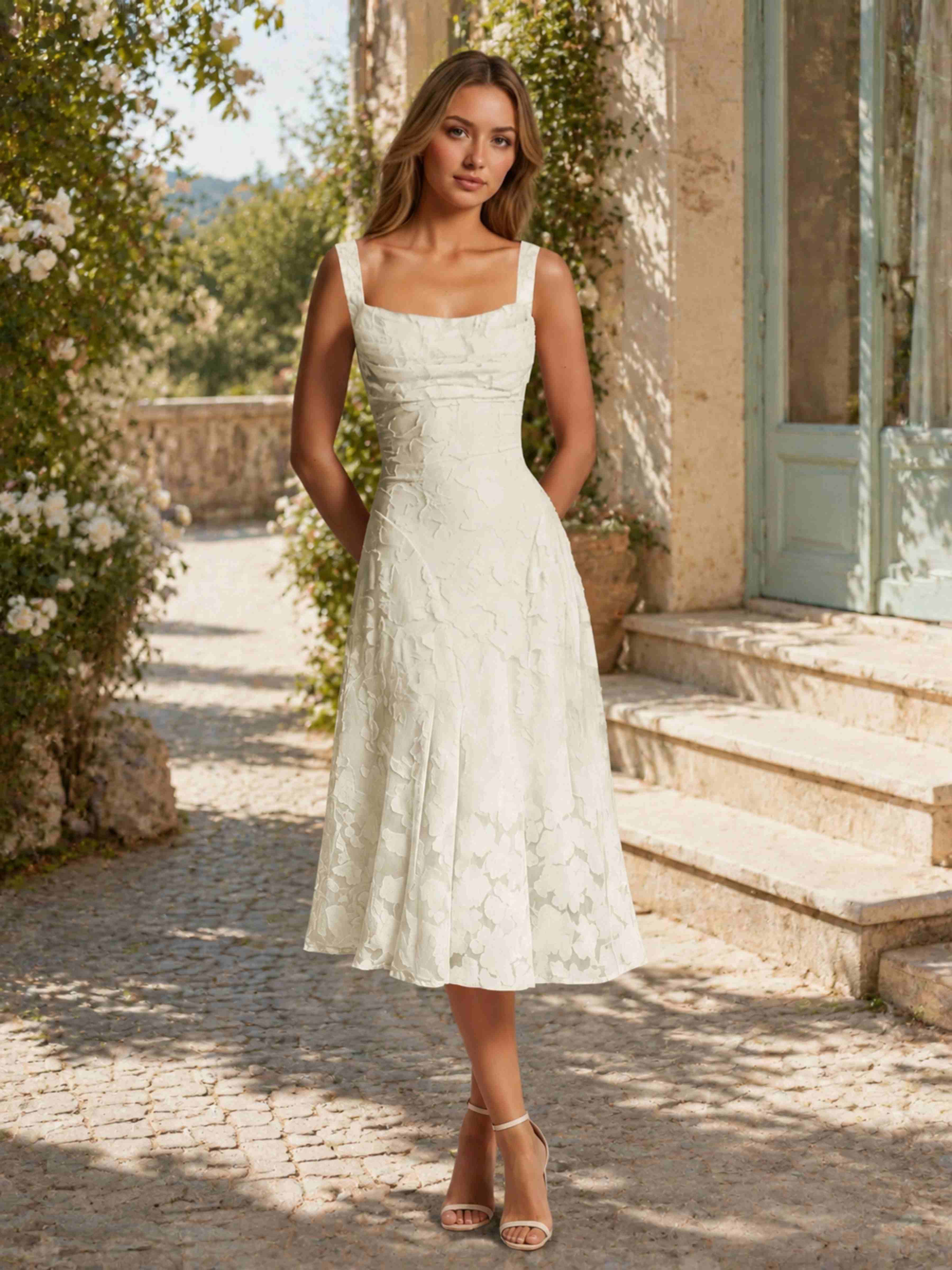 Women's A-Line Floral Lace Square Neck Sleeveless Tea-Length Formal Dress