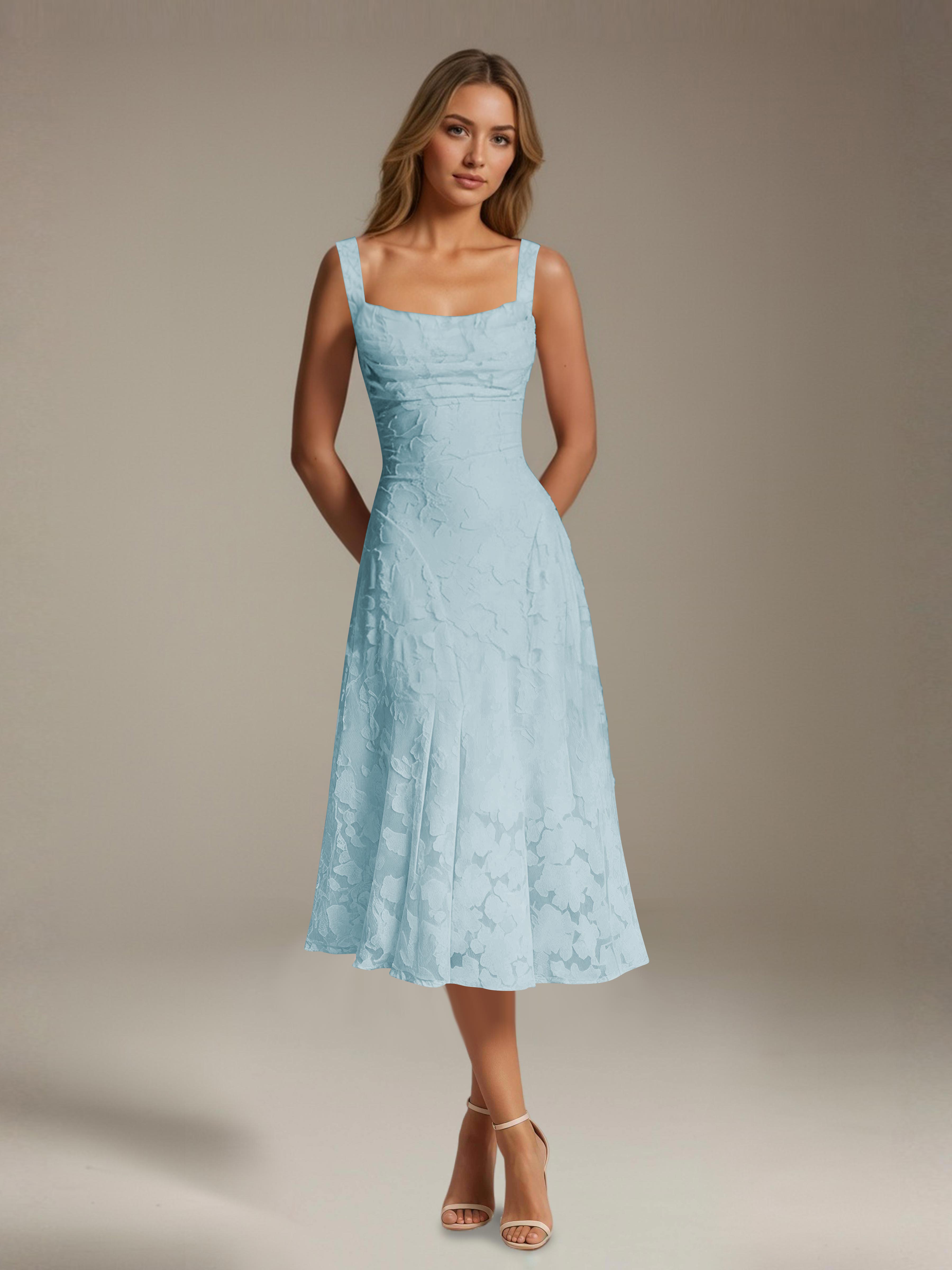 Floral Tea-Length Lace Dress – A-Line Square Neck Sleeveless Formal Wedding Guest Dress