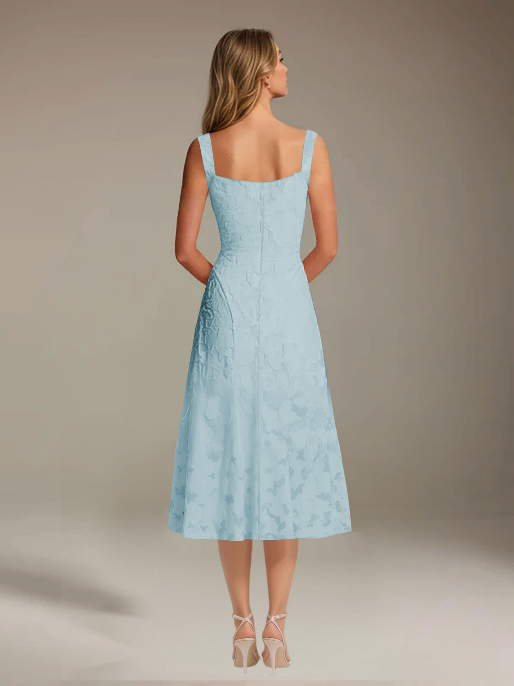 Floral Tea-Length Lace Dress – A-Line Square Neck Sleeveless Formal Wedding Guest Dress