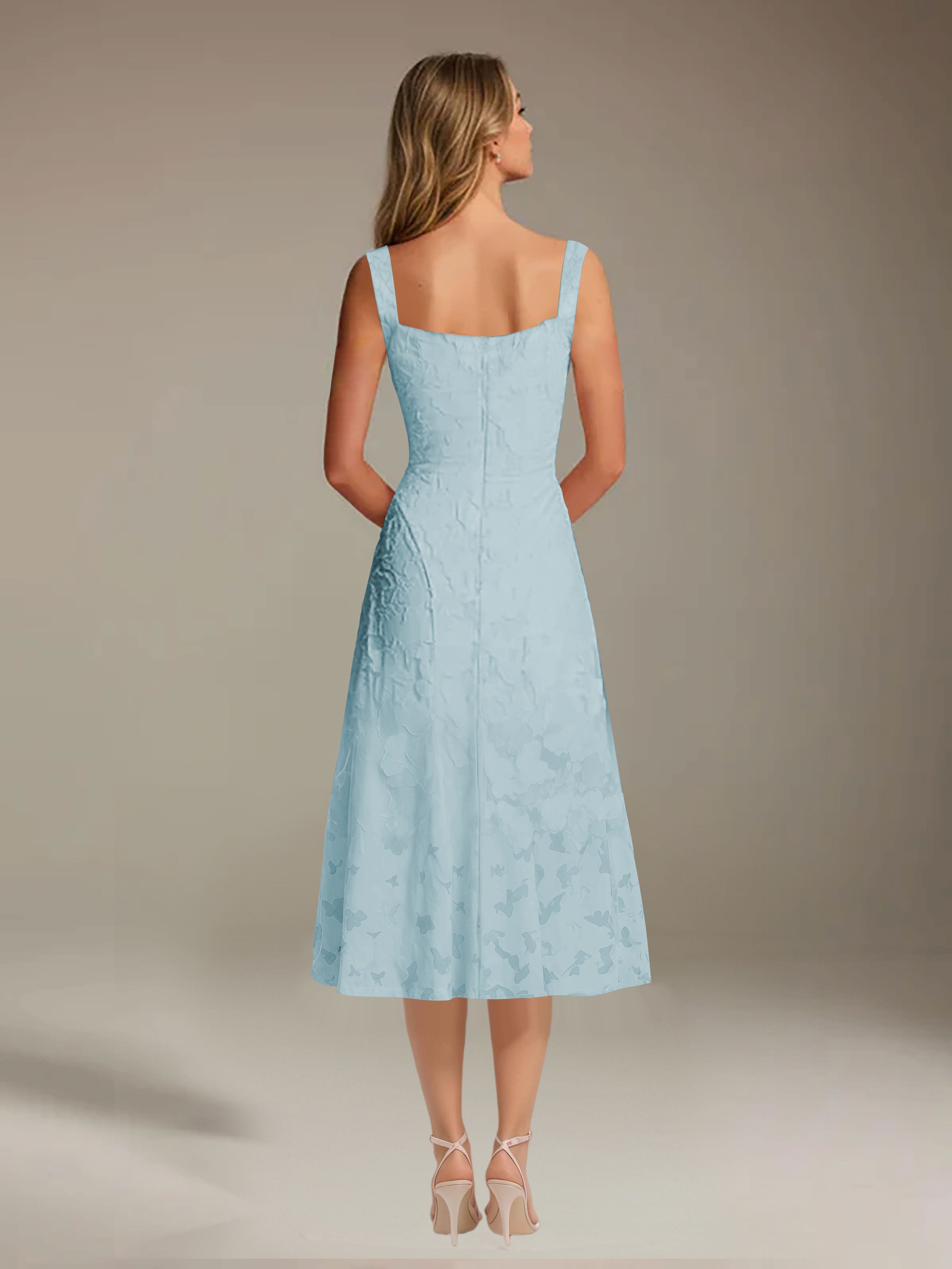 Floral Tea-Length Lace Dress – A-Line Square Neck Sleeveless Formal Wedding Guest Dress