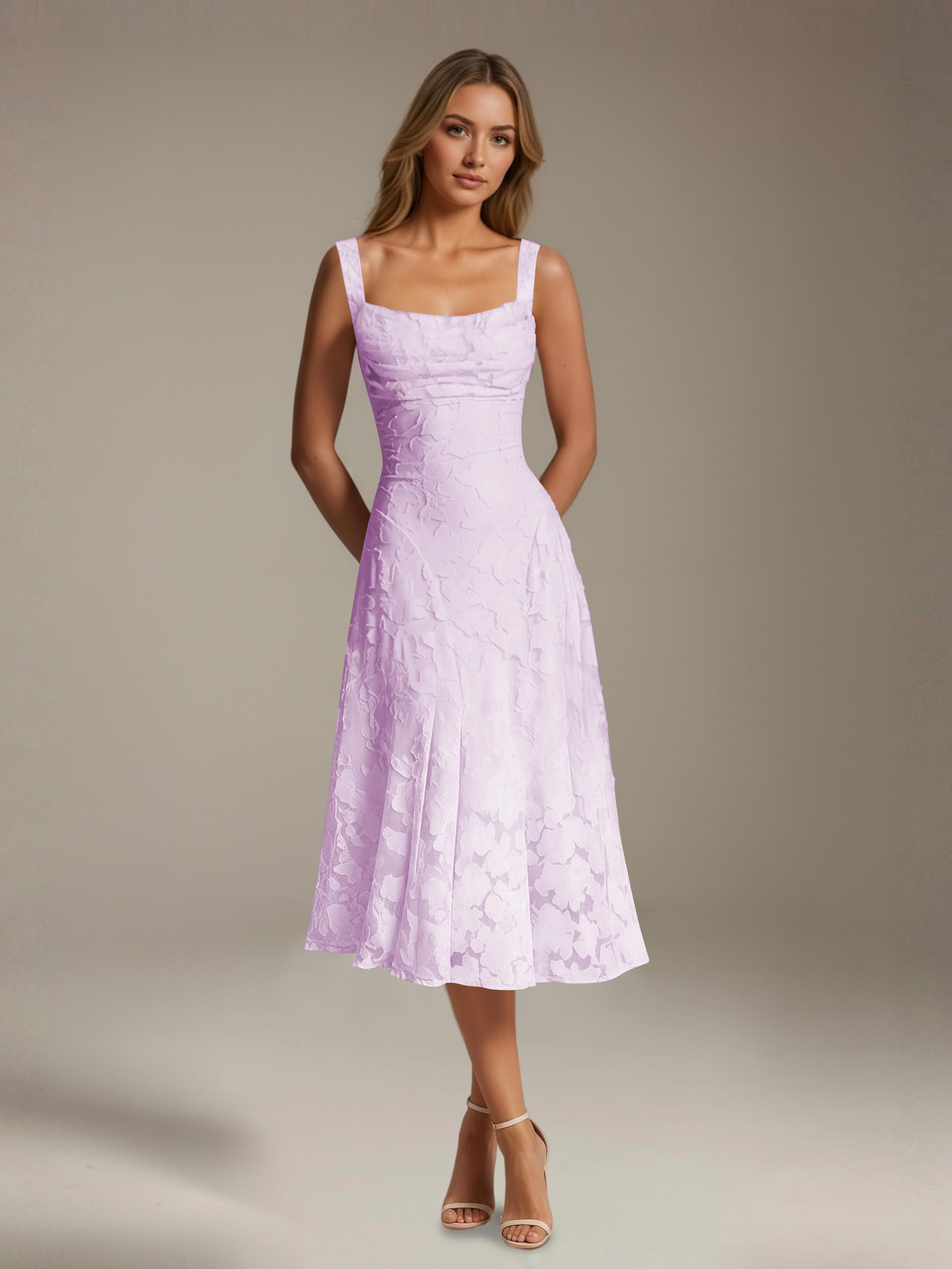 Floral Tea-Length Lace Dress – A-Line Square Neck Sleeveless Formal Wedding Guest Dress