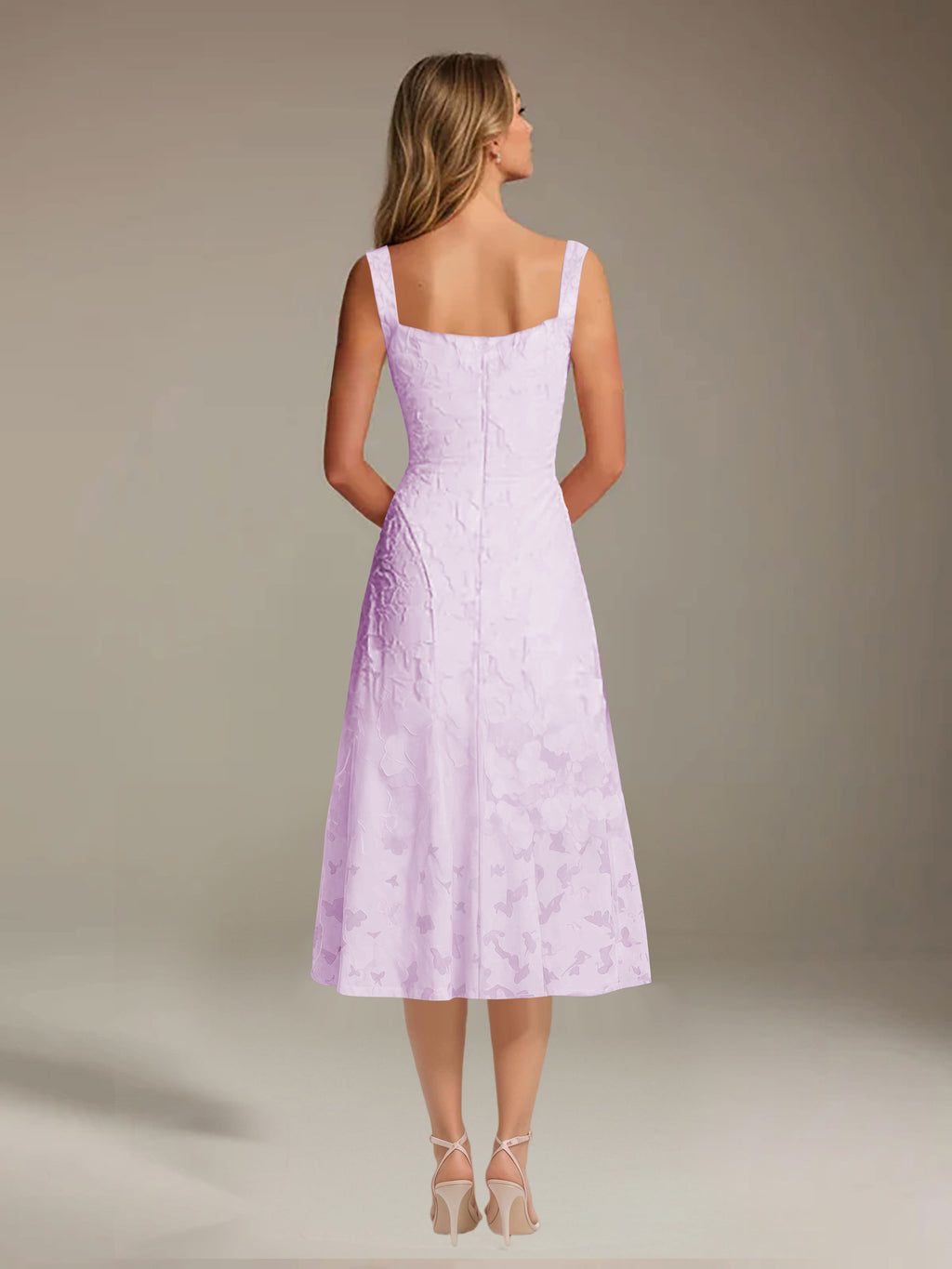 Floral Tea-Length Lace Dress – A-Line Square Neck Sleeveless Formal Wedding Guest Dress